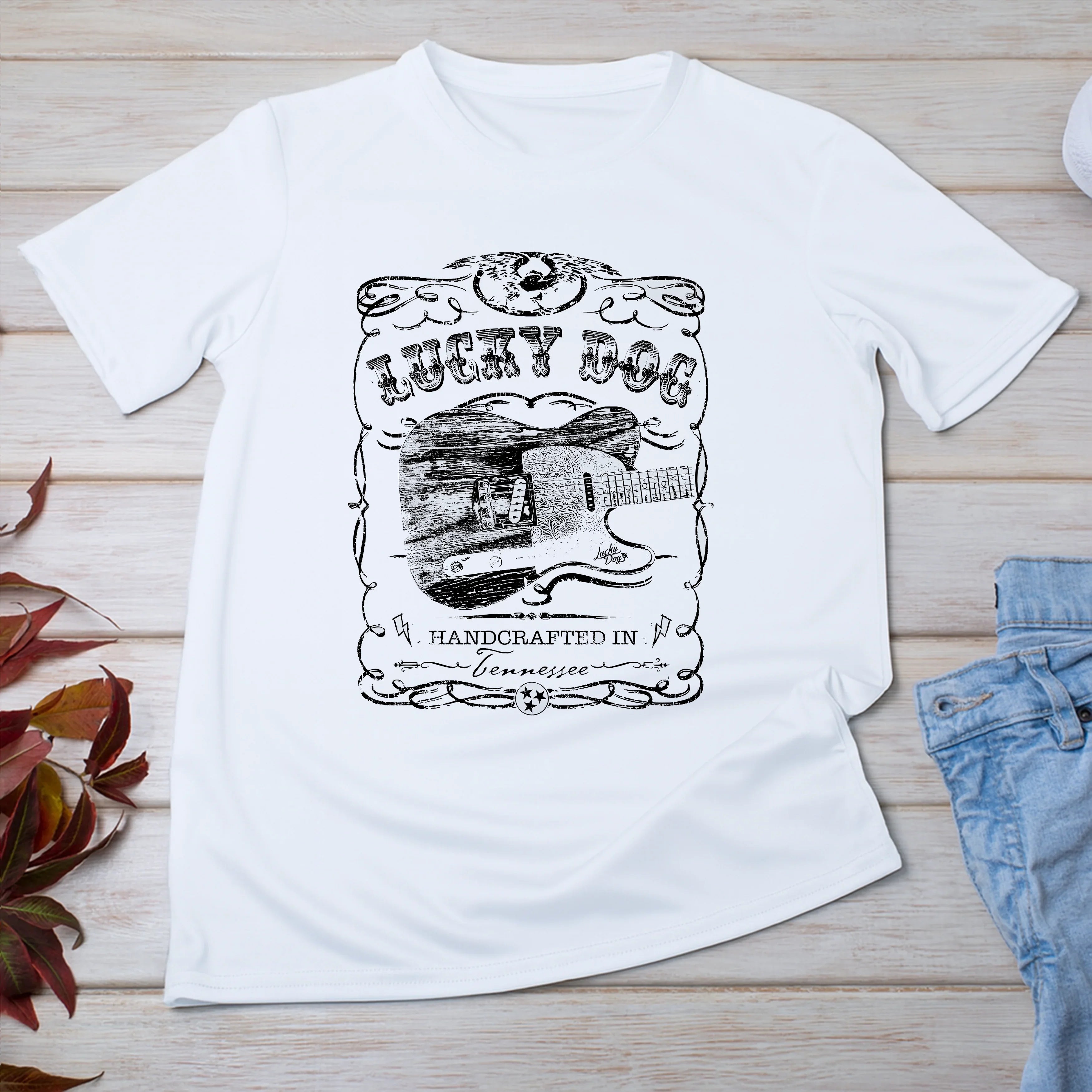 Lucky Dog Custom Guitar Eagle Label Black T-Shirt