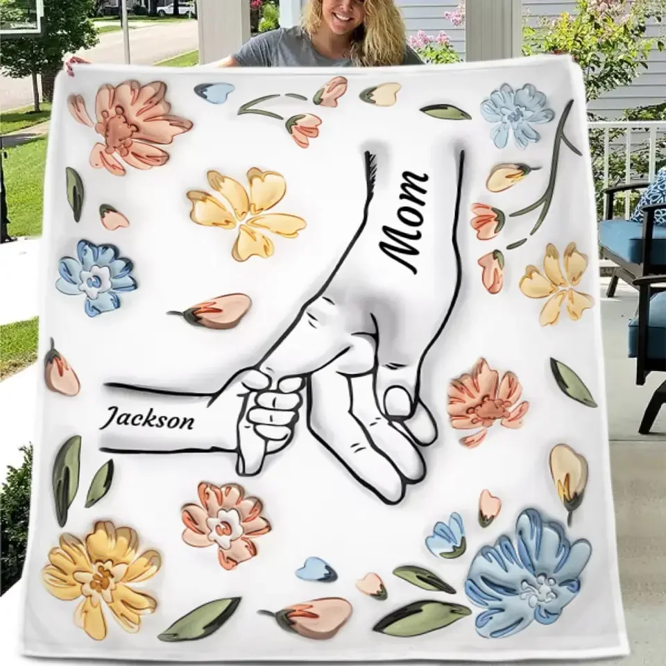 Mom's Love Hands Holding Pastel Floral - Personalized Blanket - Joliny
