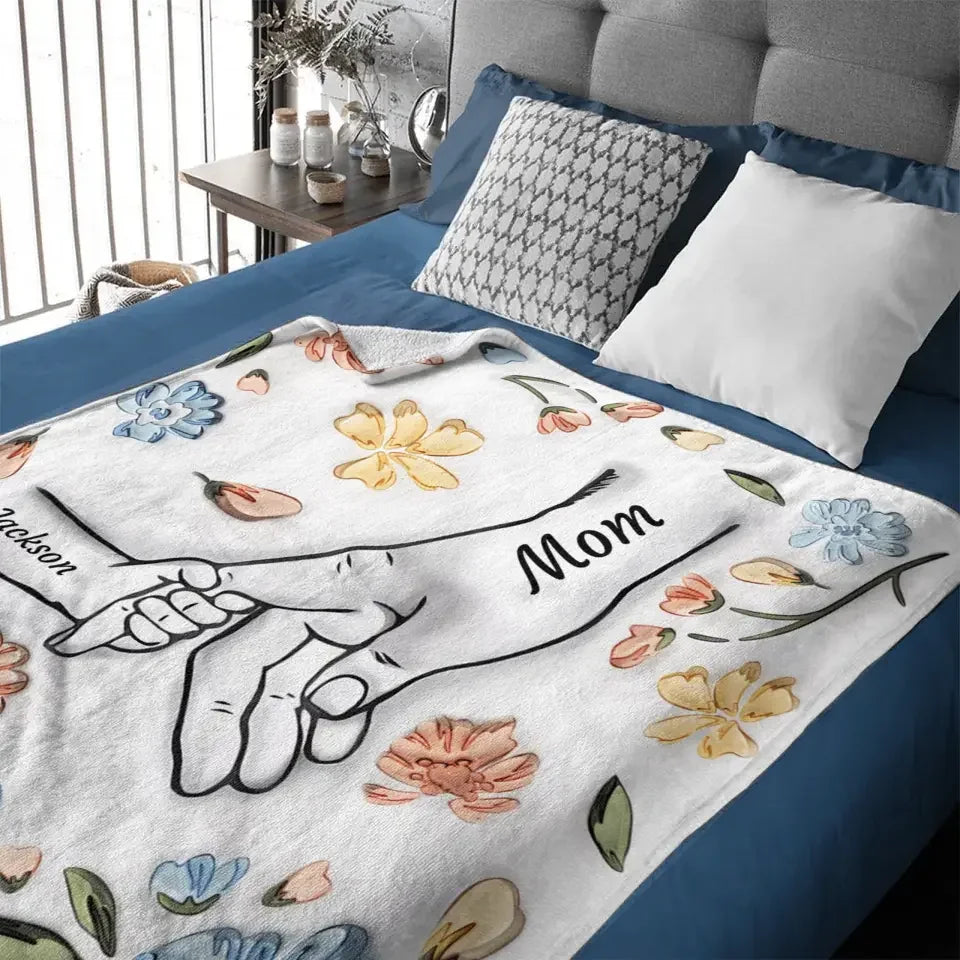 Mom's Love Hands Holding Pastel Floral - Personalized Blanket - Joliny
