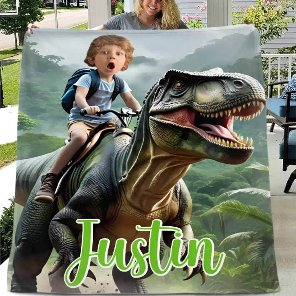 Custom Name Photo Blanket Personalized Paw Boy Riding Dinosaur Blanket