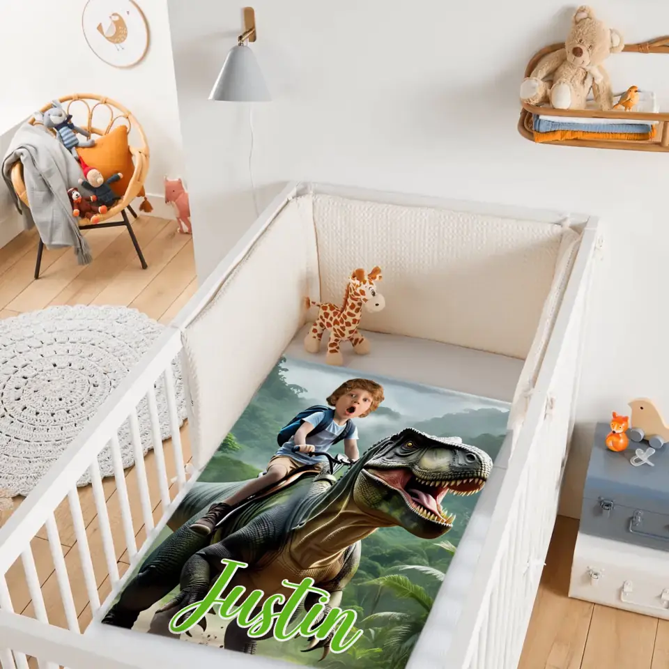 Custom Name Photo Blanket Personalized Paw Boy Riding Dinosaur Blanket