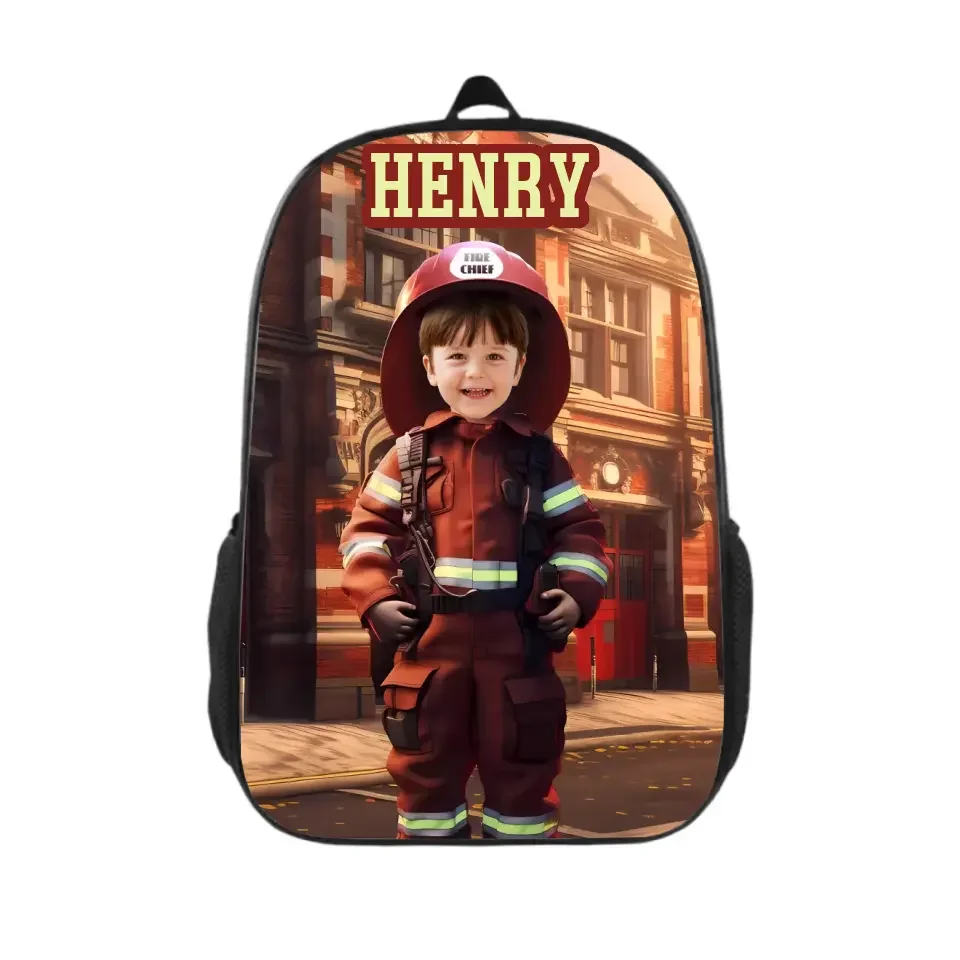 Custom Kids Backpacks with Photo Name, Personalized Boys Firefighter Backpacks, Custom Boys Firefighter Gifts - Joliny