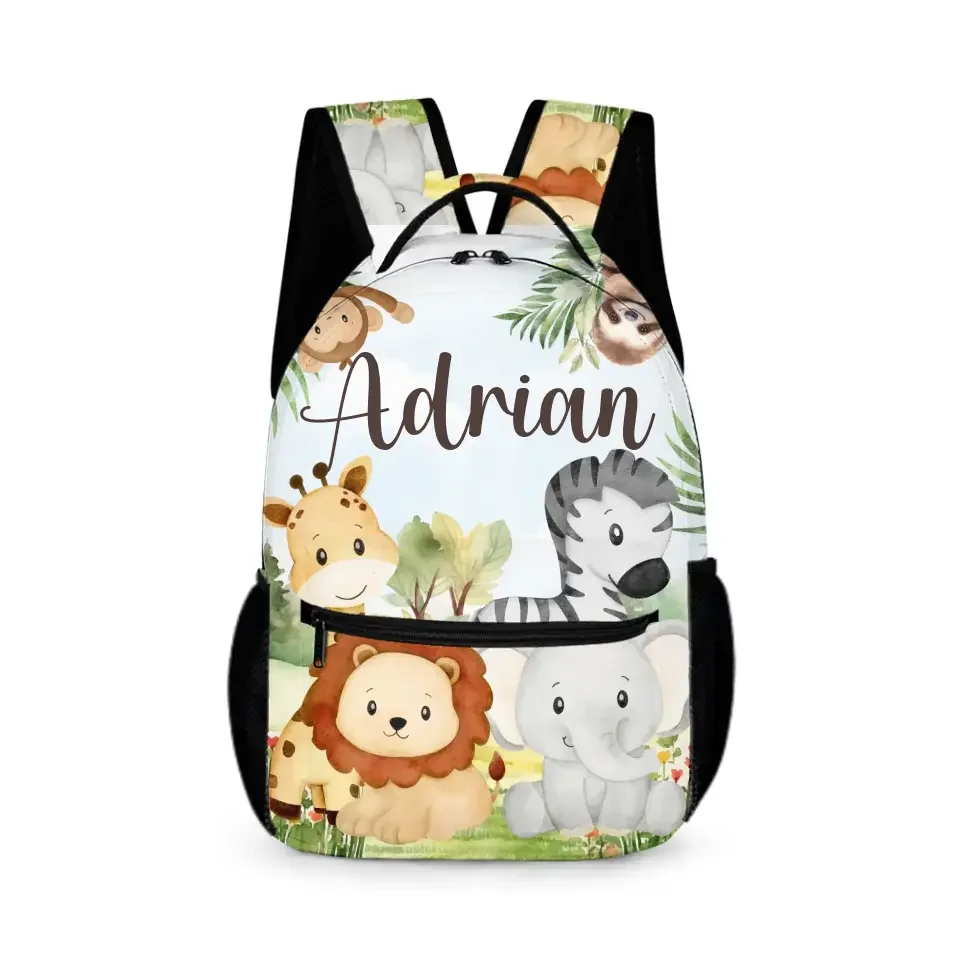 Personalized Custom Name Backpack - Jungle Greenery Leaves Forest Safari Animals - Joliny