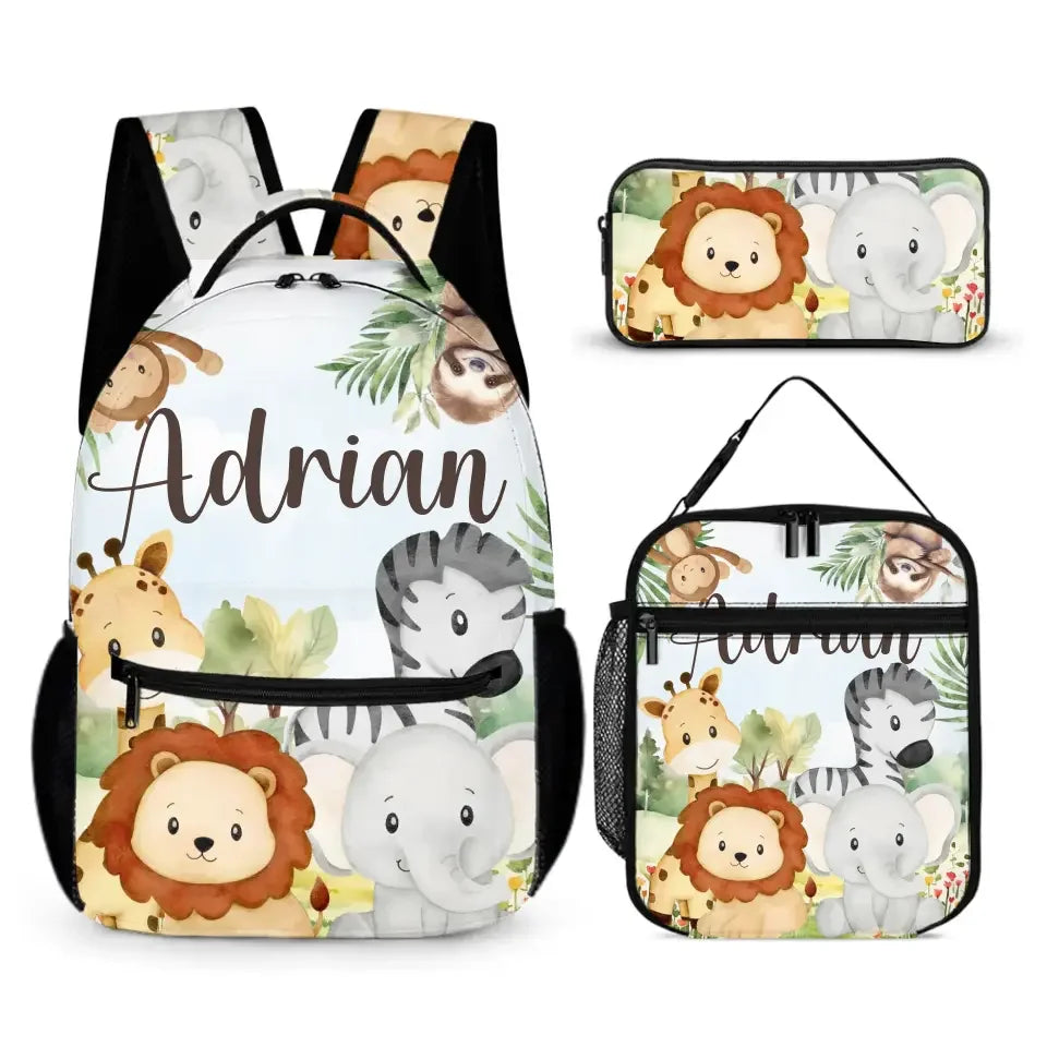 Personalized Custom Name Backpack - Jungle Greenery Leaves Forest Safari Animals - Joliny