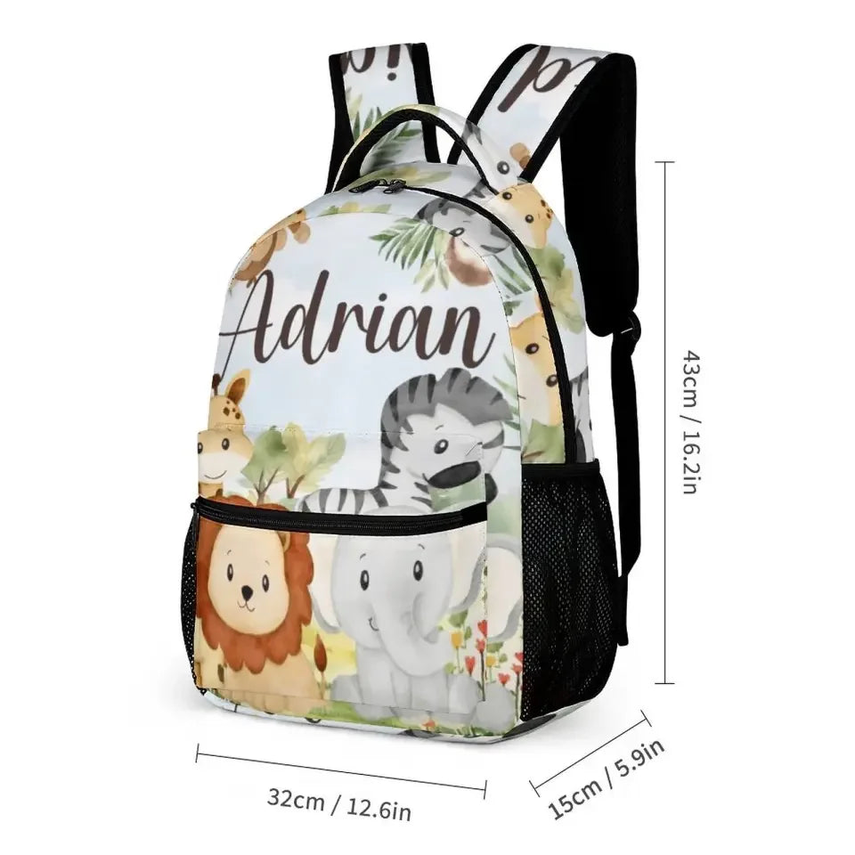 Personalized Custom Name Backpack - Jungle Greenery Leaves Forest Safari Animals - Joliny