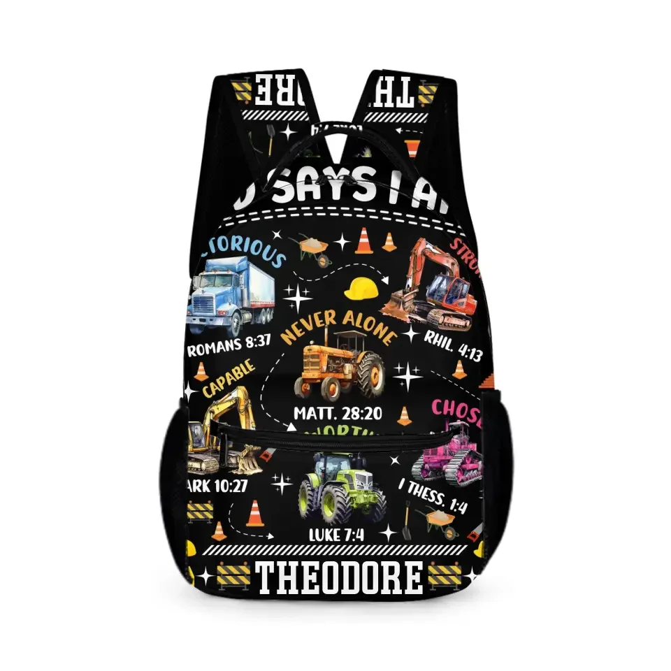 Truck Custom Name Backpack Personalized Text Gifts, God Says I Am Construction Bible Verse - Joliny