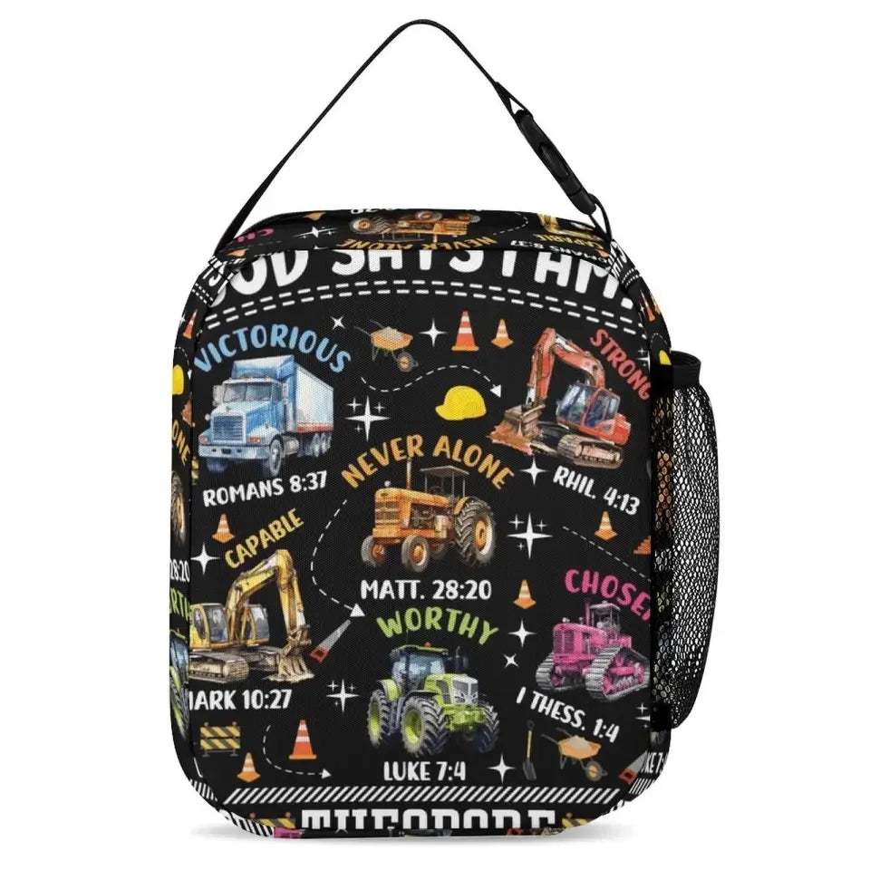 Truck Custom Name Backpack Personalized Text Gifts, God Says I Am Construction Bible Verse - Joliny