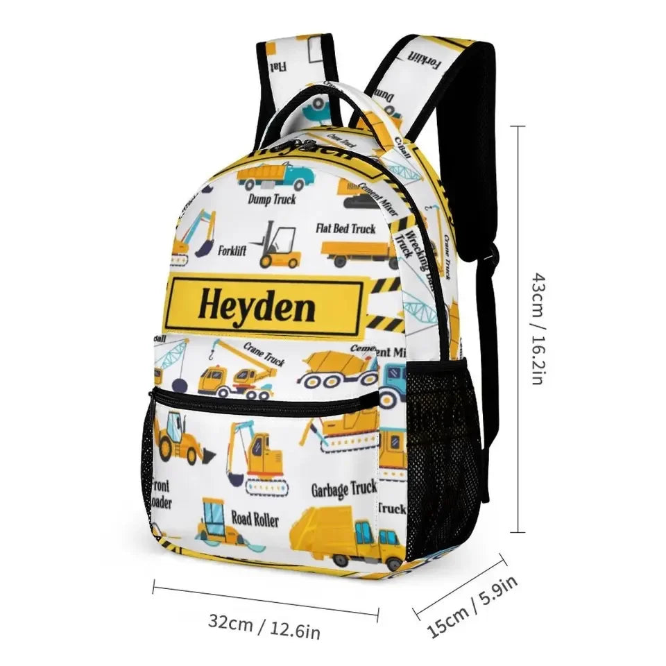 Construction Trucks Backpack - Custom Name Backpack for Kids Who Love Trucks And Construction - Joliny
