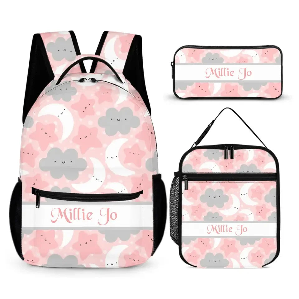 Personalized Pink Blue Moon Stars Clouds Student Backpack - Joliny