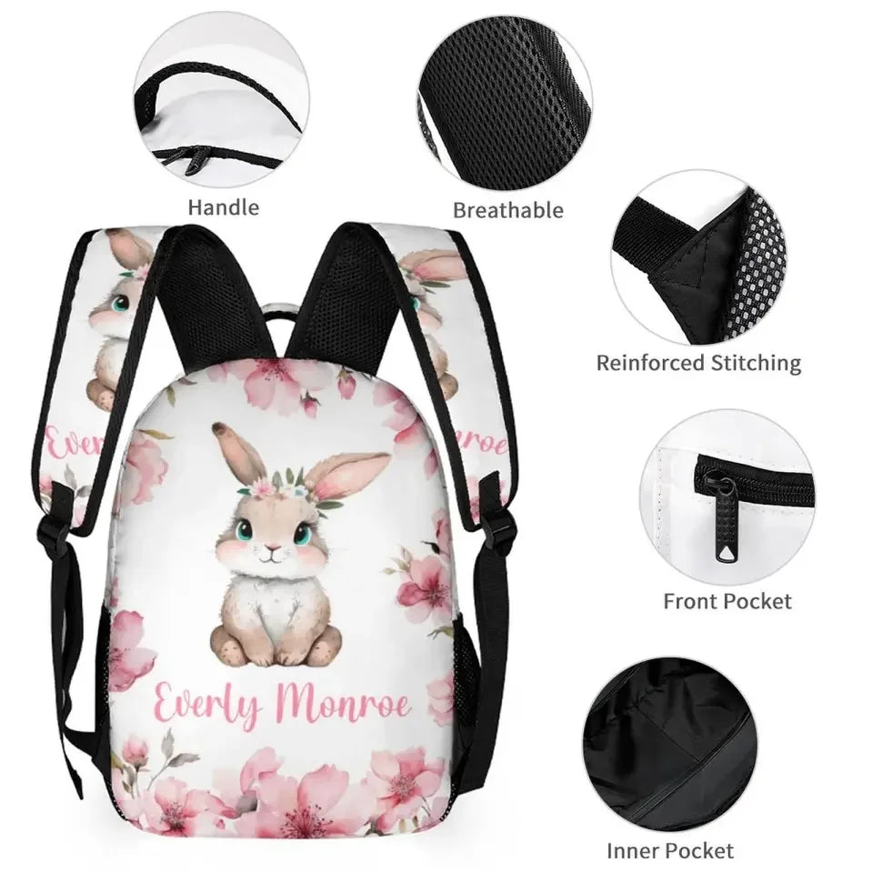 Personalized Girl Name Backpack, Pink Cherry Blossom Rabbit - Joliny