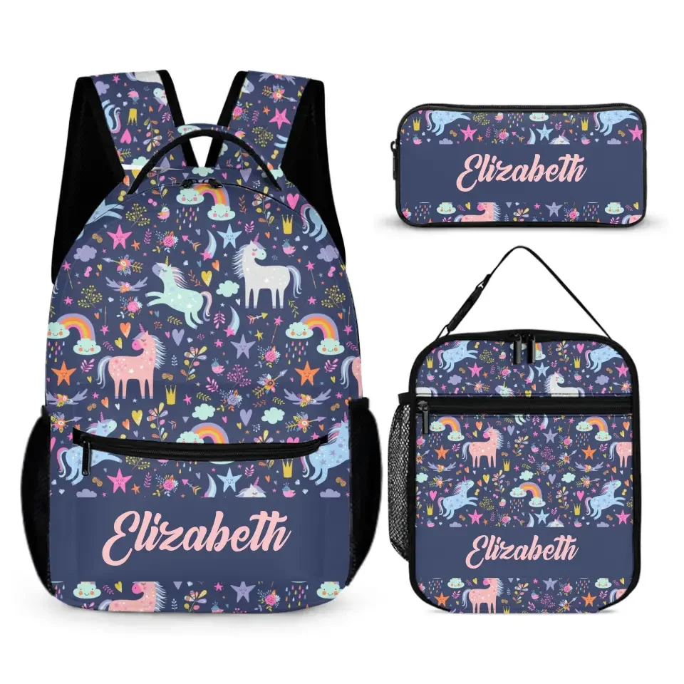 Personalized Custom Name Backpack - Clouds Raindrops Rainbow Stars Unicorn - Joliny