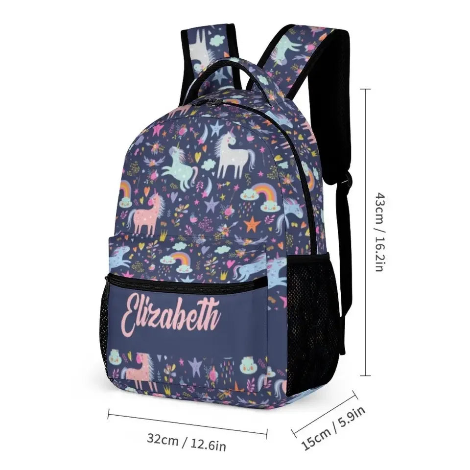 Personalized Custom Name Backpack - Clouds Raindrops Rainbow Stars Unicorn - Joliny