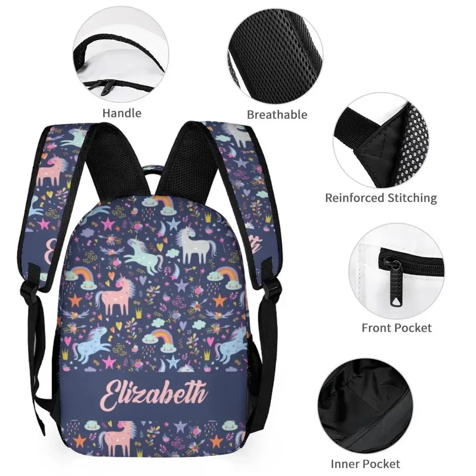 Personalized Custom Name Backpack - Clouds Raindrops Rainbow Stars Unicorn - Joliny