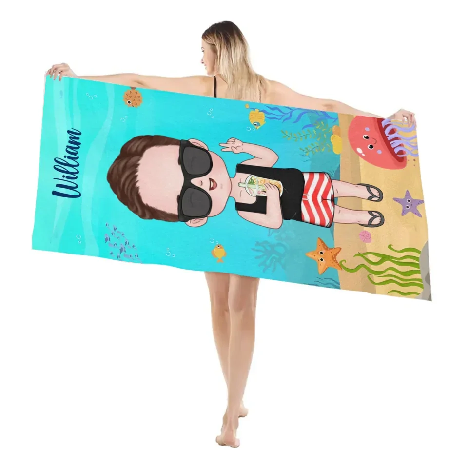 Customized Cartoon Character Bath - Personalized Cartoon Character Image and Name Ocean Themed Beach Towel - A Gift For Children,Friend,BFF,Family