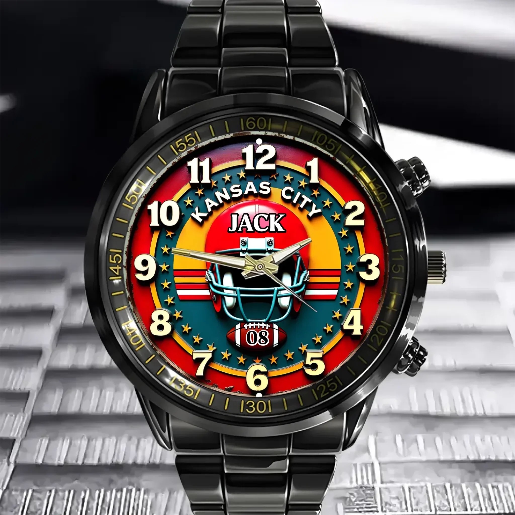 Custom Football Watch – Personalized Name & Number, Kansas City Fan Gift, Sports Lover Timepiece - Joliny