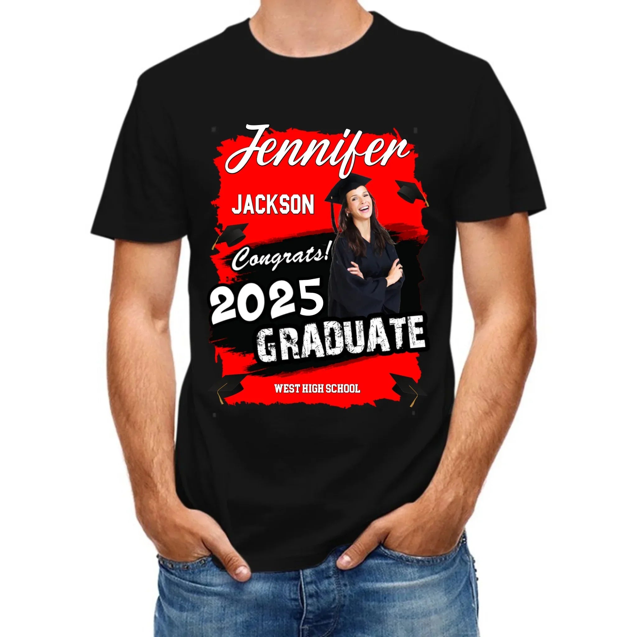 Custom Photo Art Color Congrats 2025 Graduation Personalized T-Shirt - Joliny