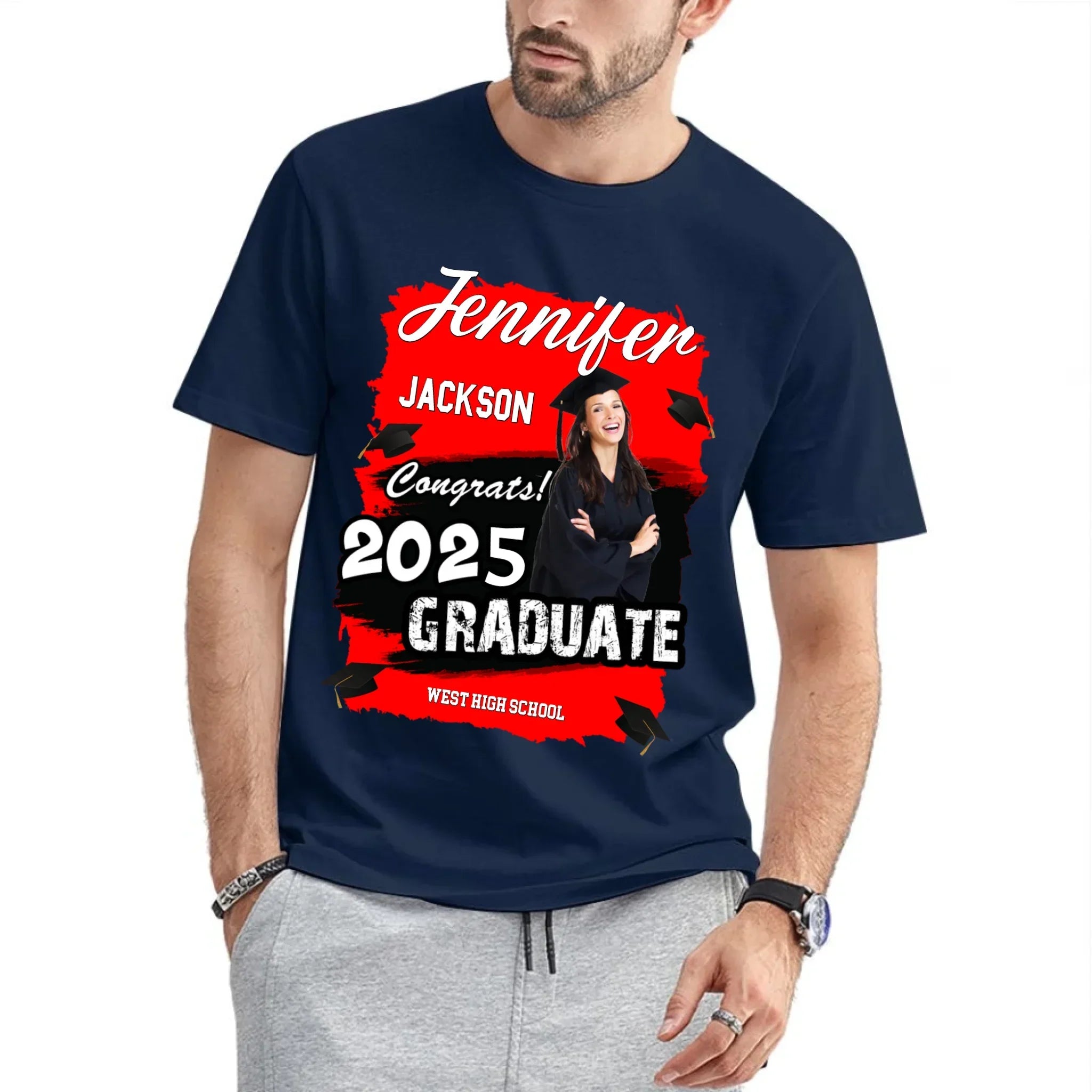 Custom Photo Art Color Congrats 2025 Graduation Personalized T-Shirt - Joliny
