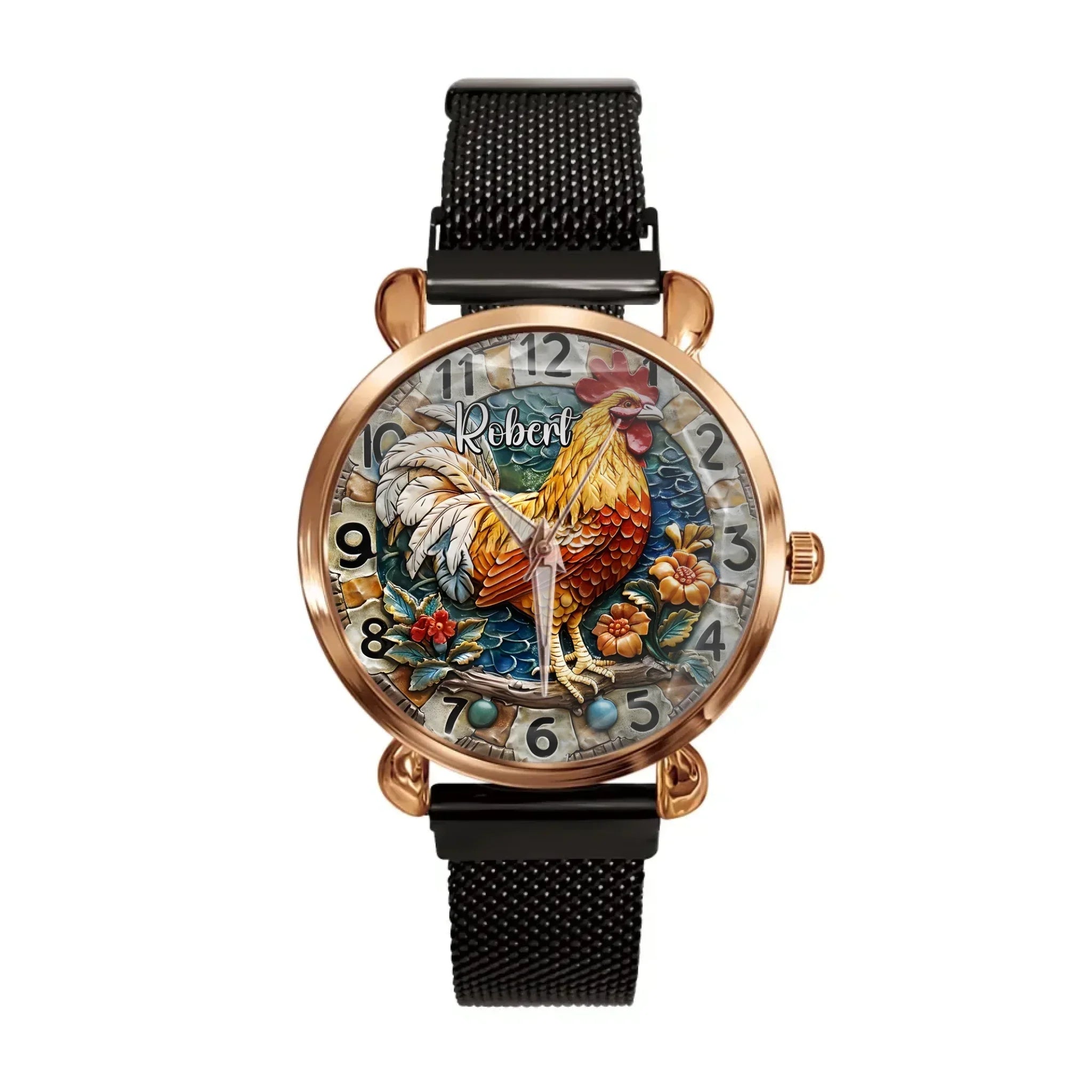 Painted Rooster Design Dial - Personalized Name Watch - Joliny