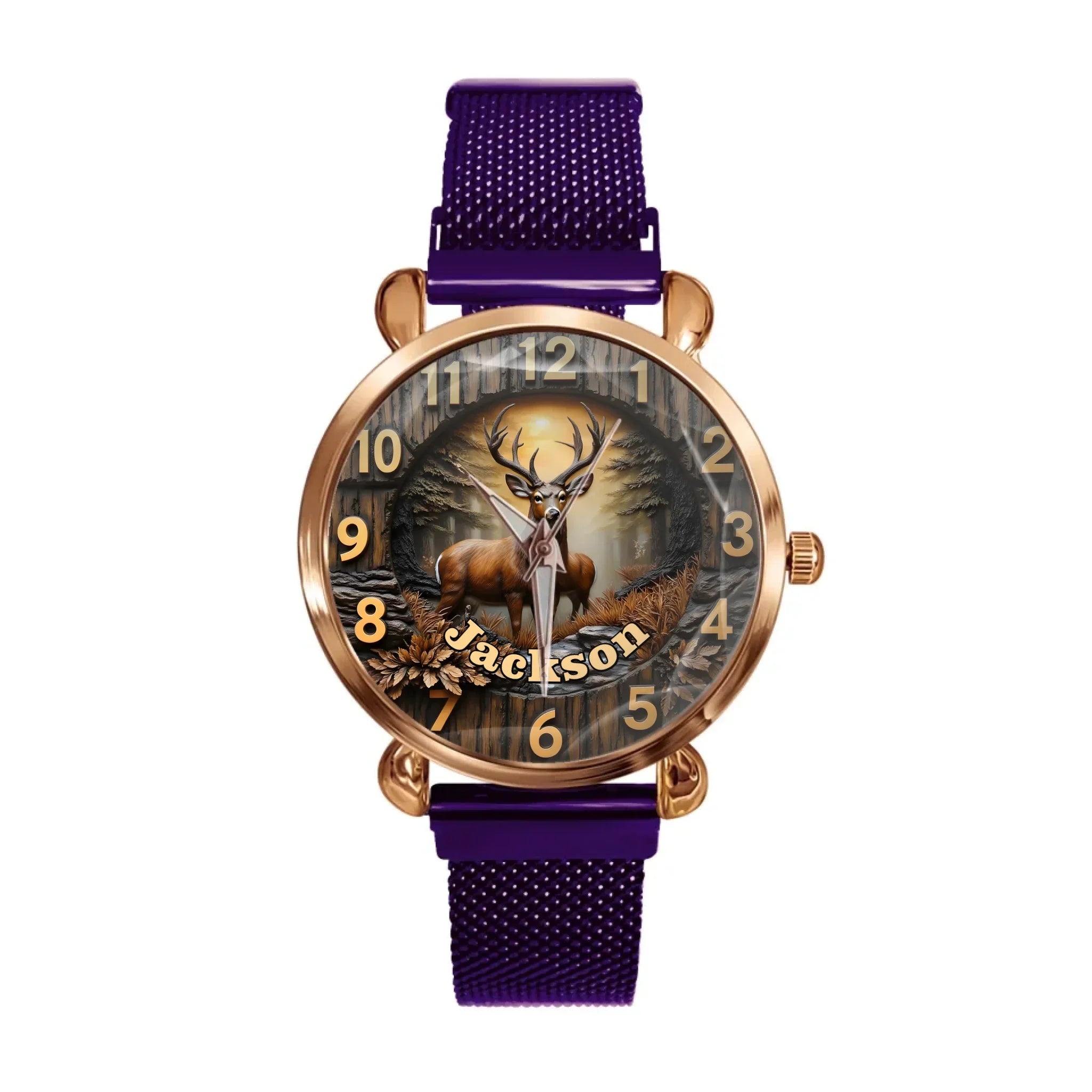 Customized Wooden Forest Deer Printed Dial Plate - Personalize Name Watch - Joliny