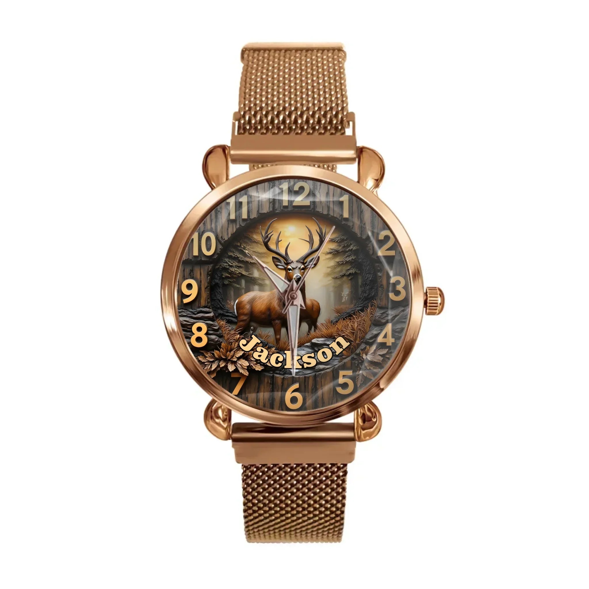 Customized Wooden Forest Deer Printed Dial Plate - Personalize Name Watch - Joliny