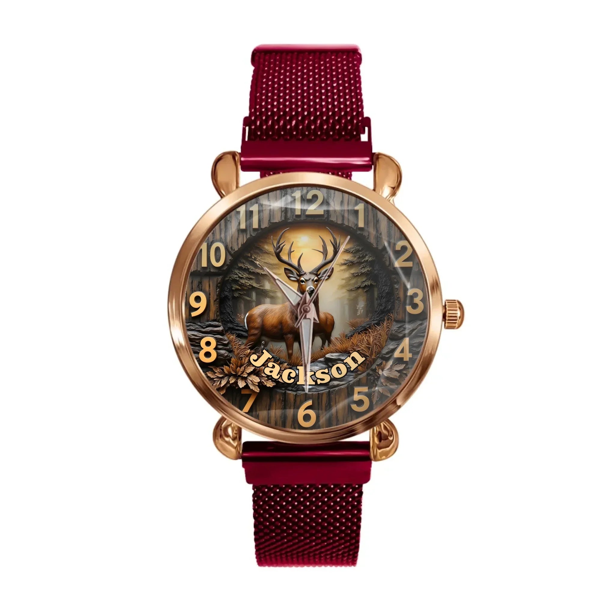 Customized Wooden Forest Deer Printed Dial Plate - Personalize Name Watch - Joliny