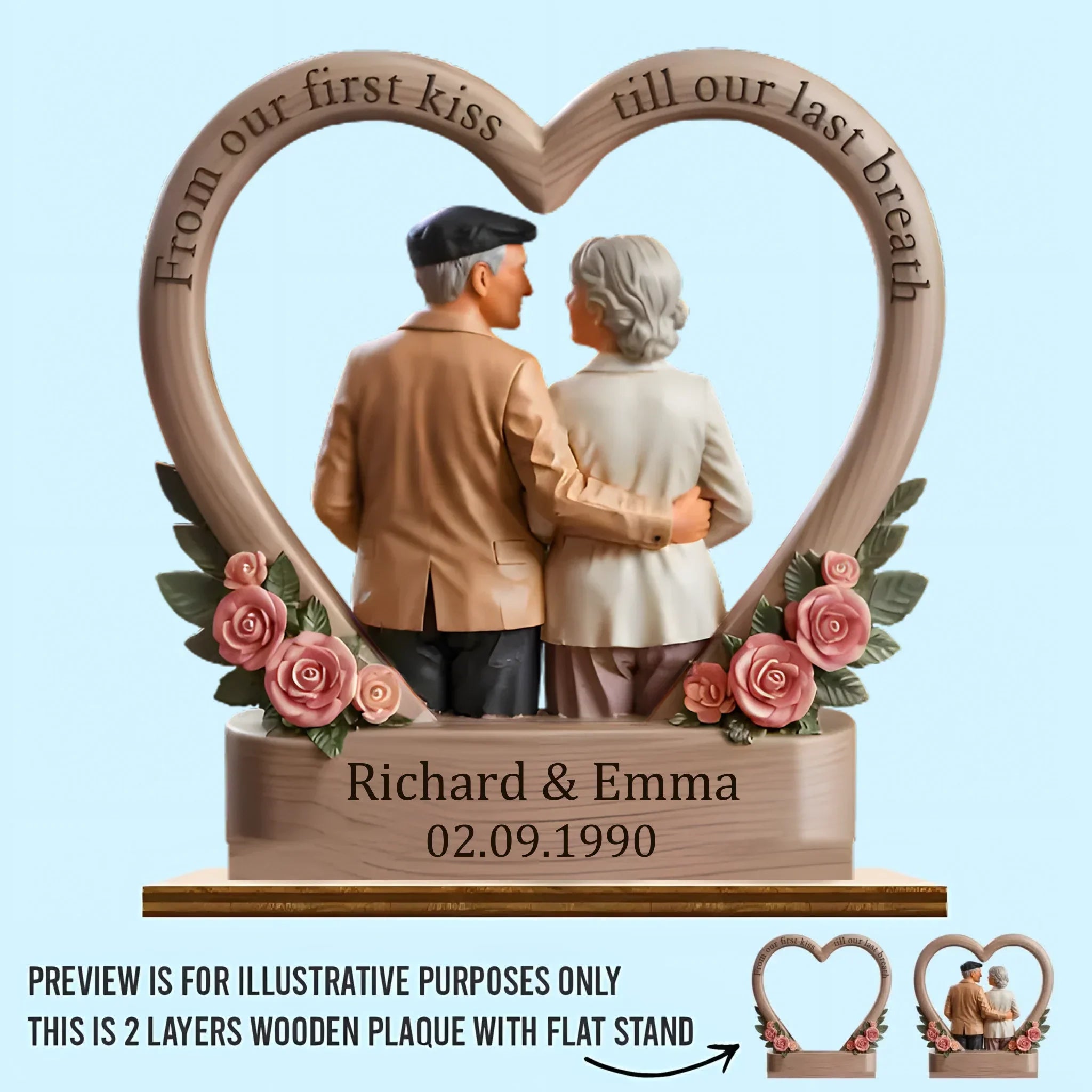 From Our First Kiss Till Our Last Breath - Personalized Name and Date 2-Layered Wooden Plaque With Flat Stand - Joliny