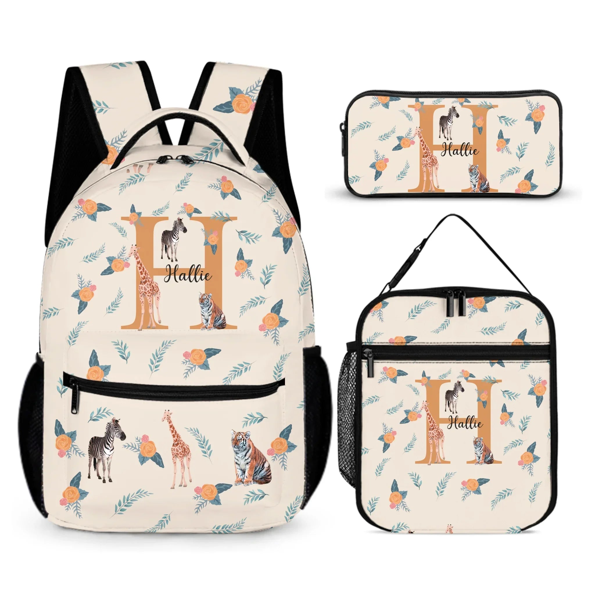 Personalized Jungle Animals Cute Giraffe Zebra Tiger Waterproof Kid School Backpack with Name and Initial Back to School Birthday Gift for Boys Girls - Joliny