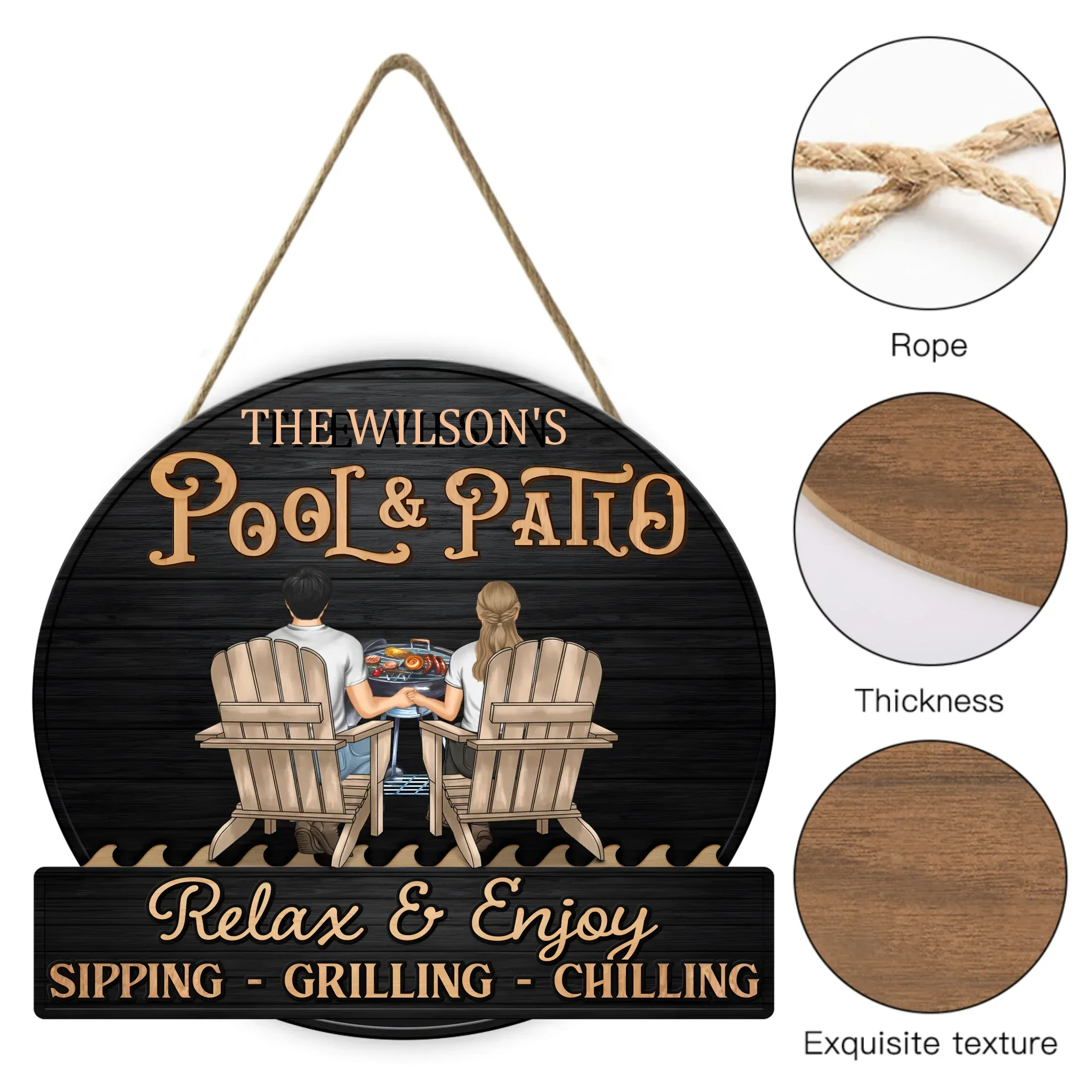 Just A Couple, Pool & Patio Sipping Chilling - Couple Personalized Home Decor Wood Sign - Joliny
