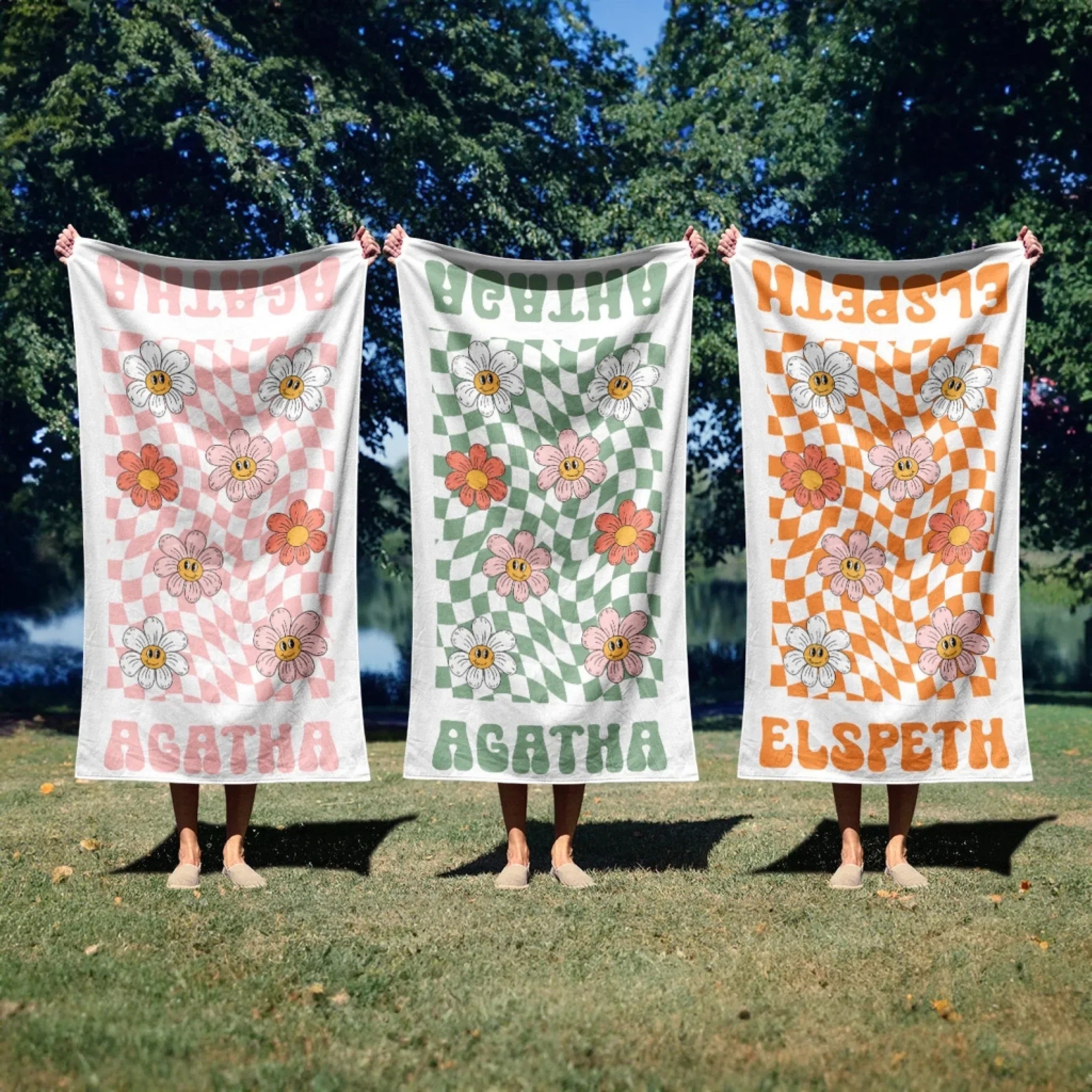 Custom Name Floral Beach Towels, Checkered Flowers Personalized Pool T