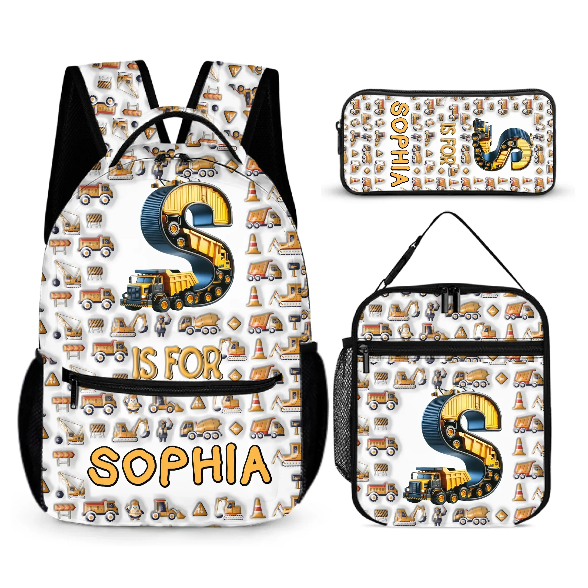 Construction Vehicle - Personalized First Letter Customized Boy Backpack - School Season Gift for Boys - Joliny