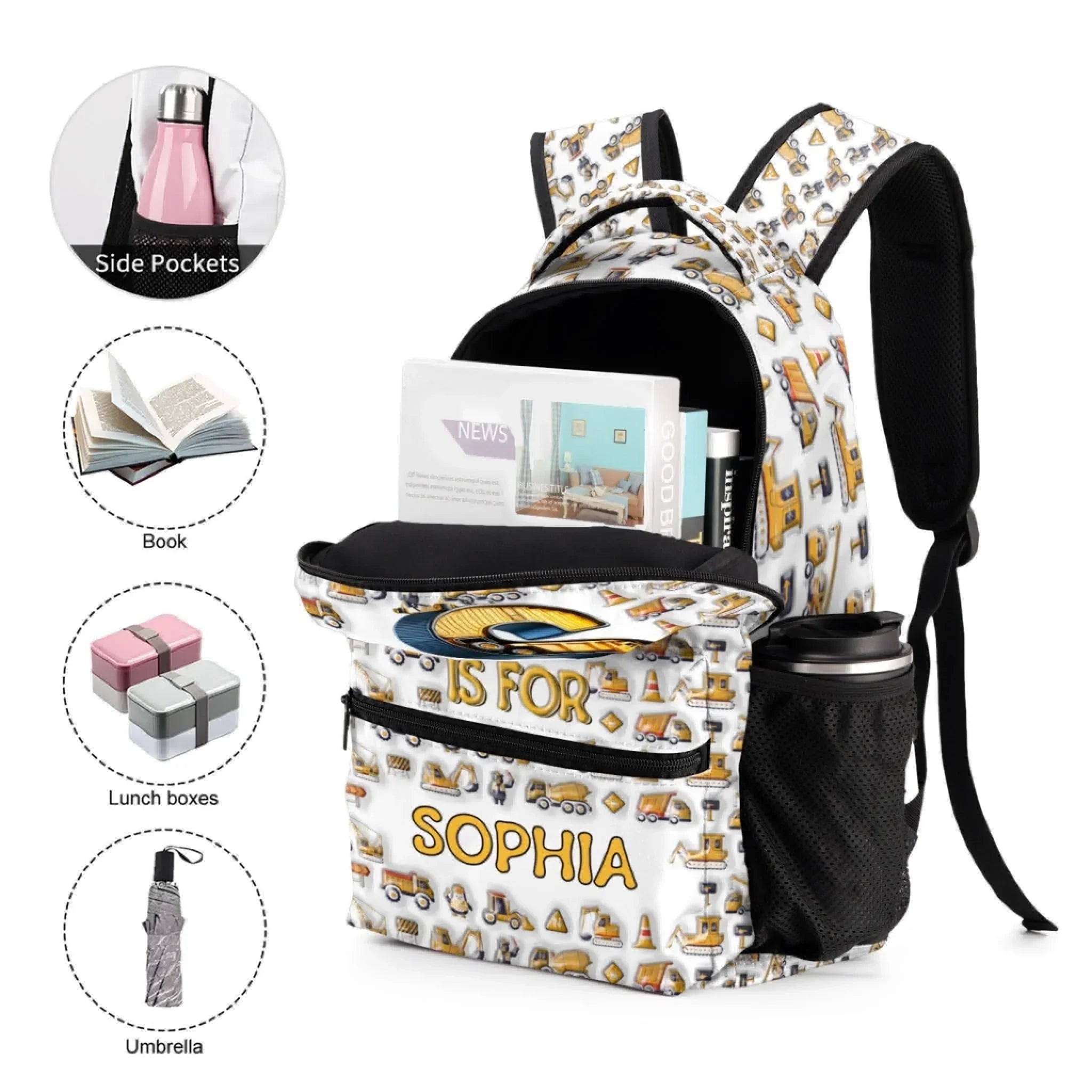 Construction Vehicle - Personalized First Letter Customized Boy Backpack - School Season Gift for Boys - Joliny