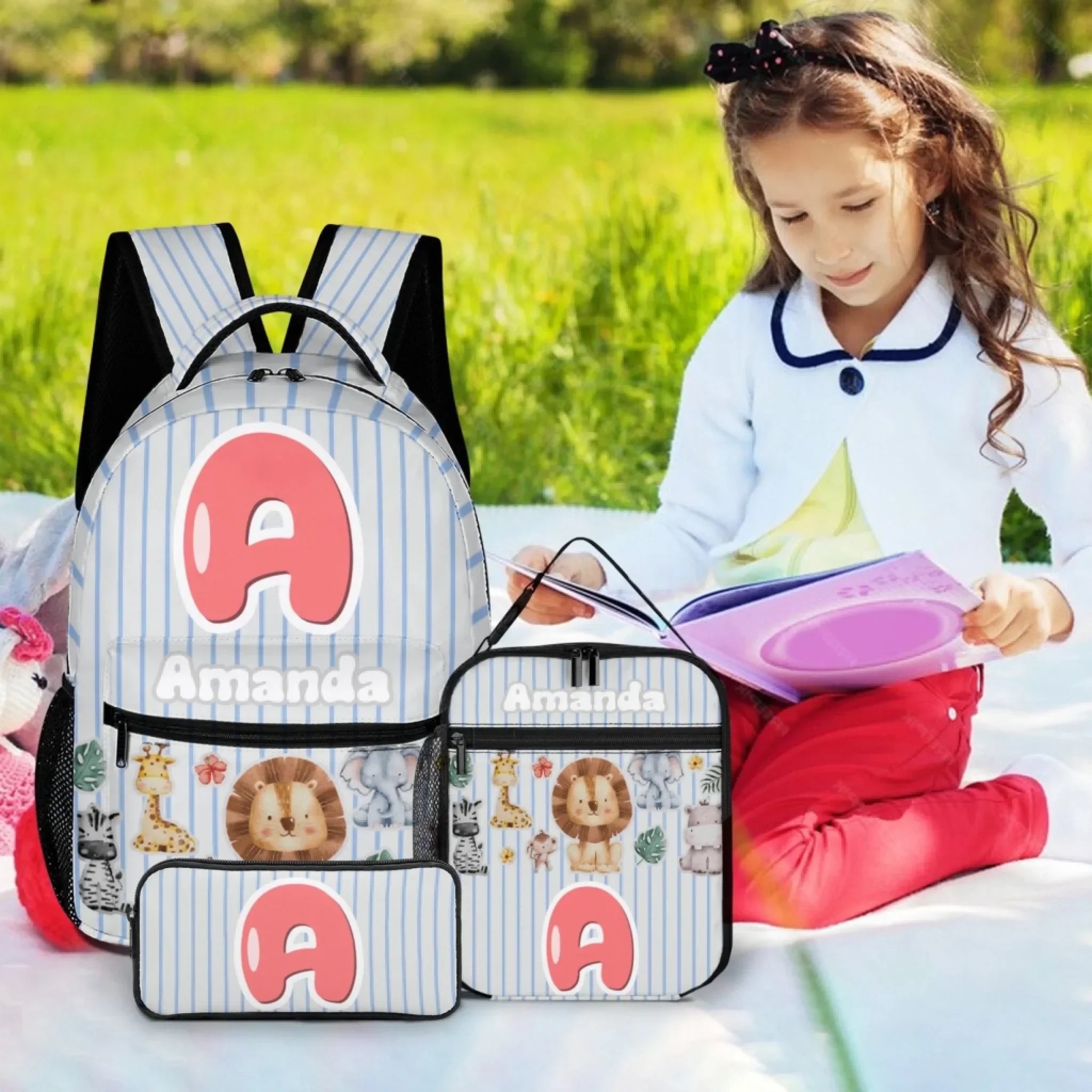 Personalized Animal Pattern Colorful Vertical Stripe Backpack - Gift For Child - Joliny