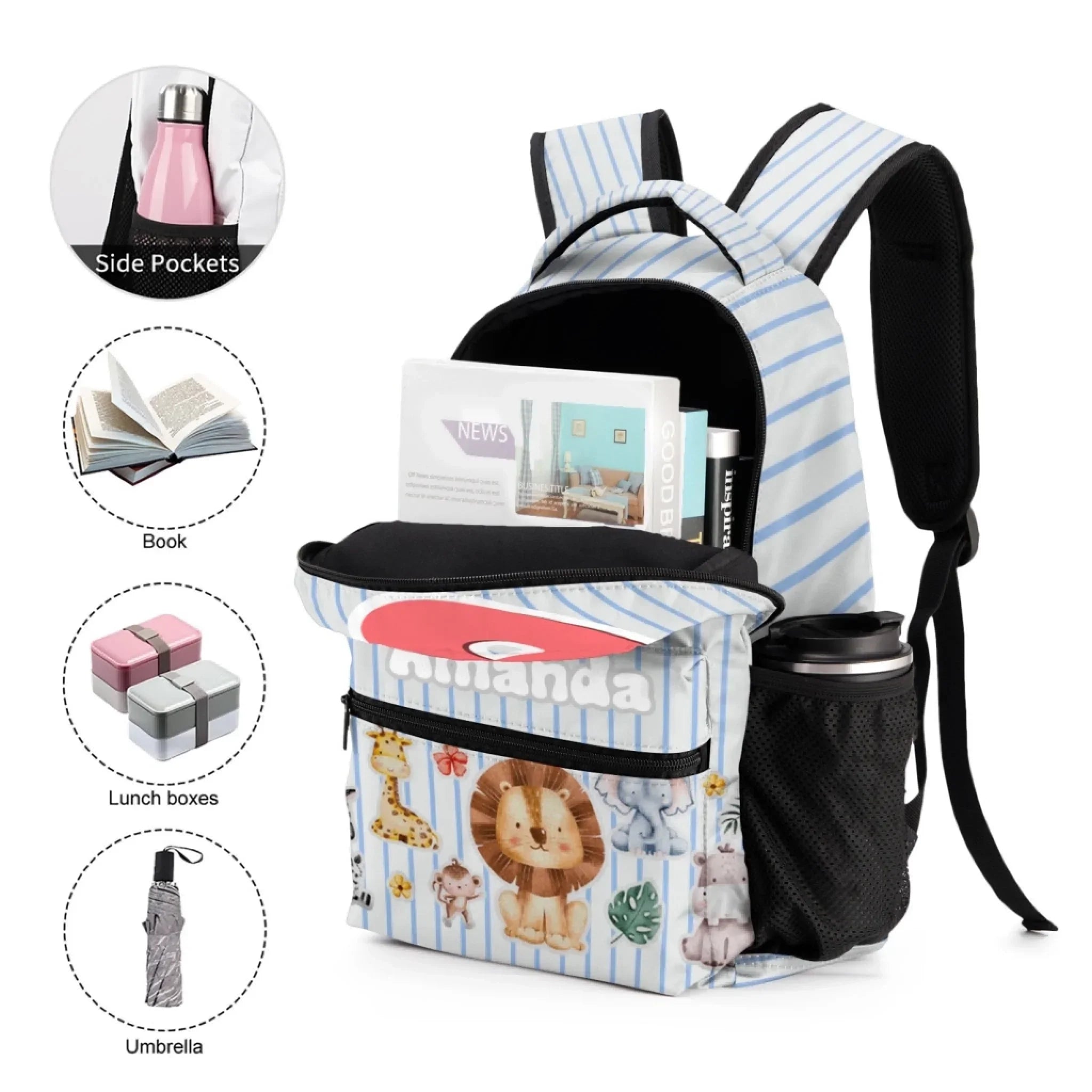Personalized Animal Pattern Colorful Vertical Stripe Backpack - Gift For Child - Joliny