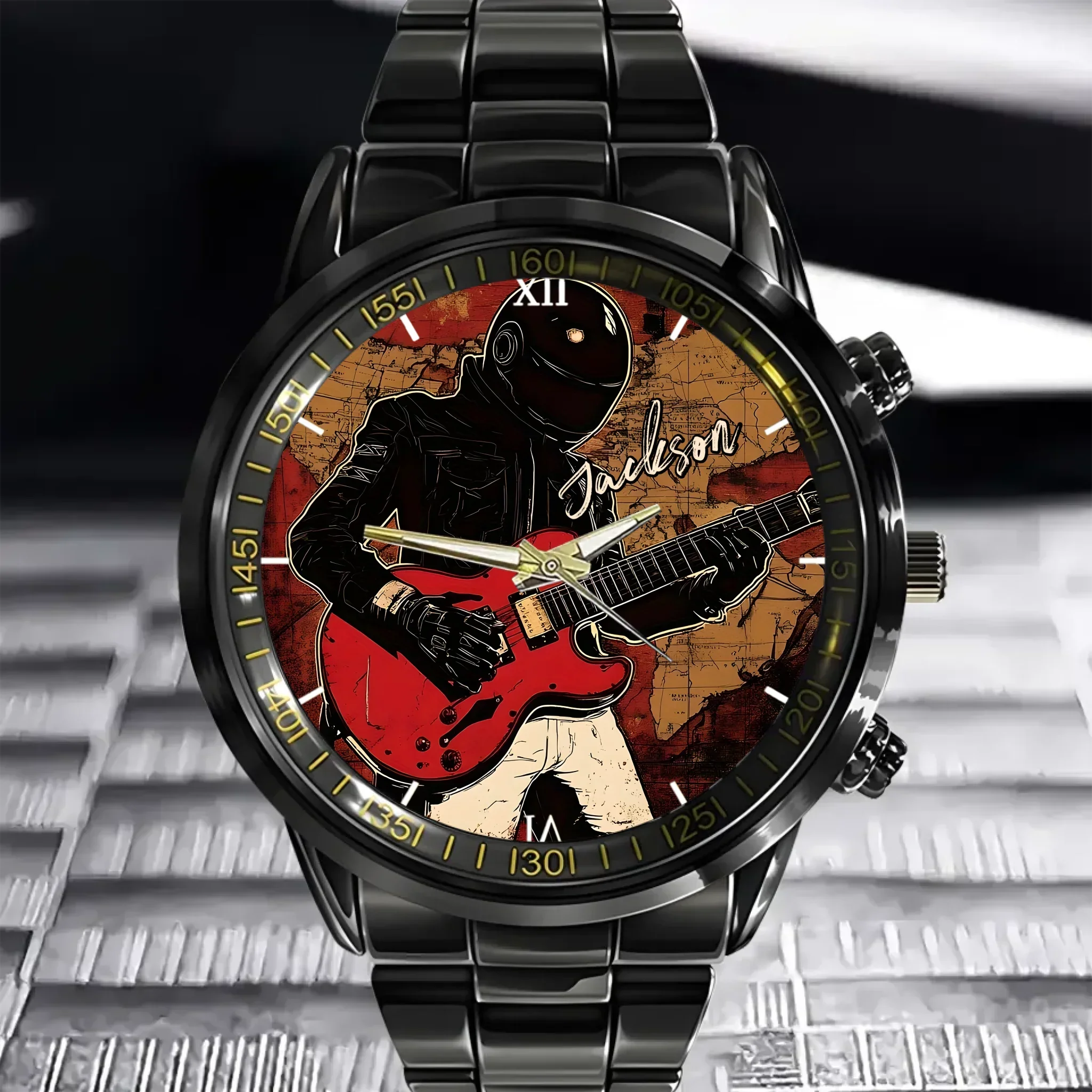 Retro World Map and Guitarist - Personalized Name Watch - Joliny