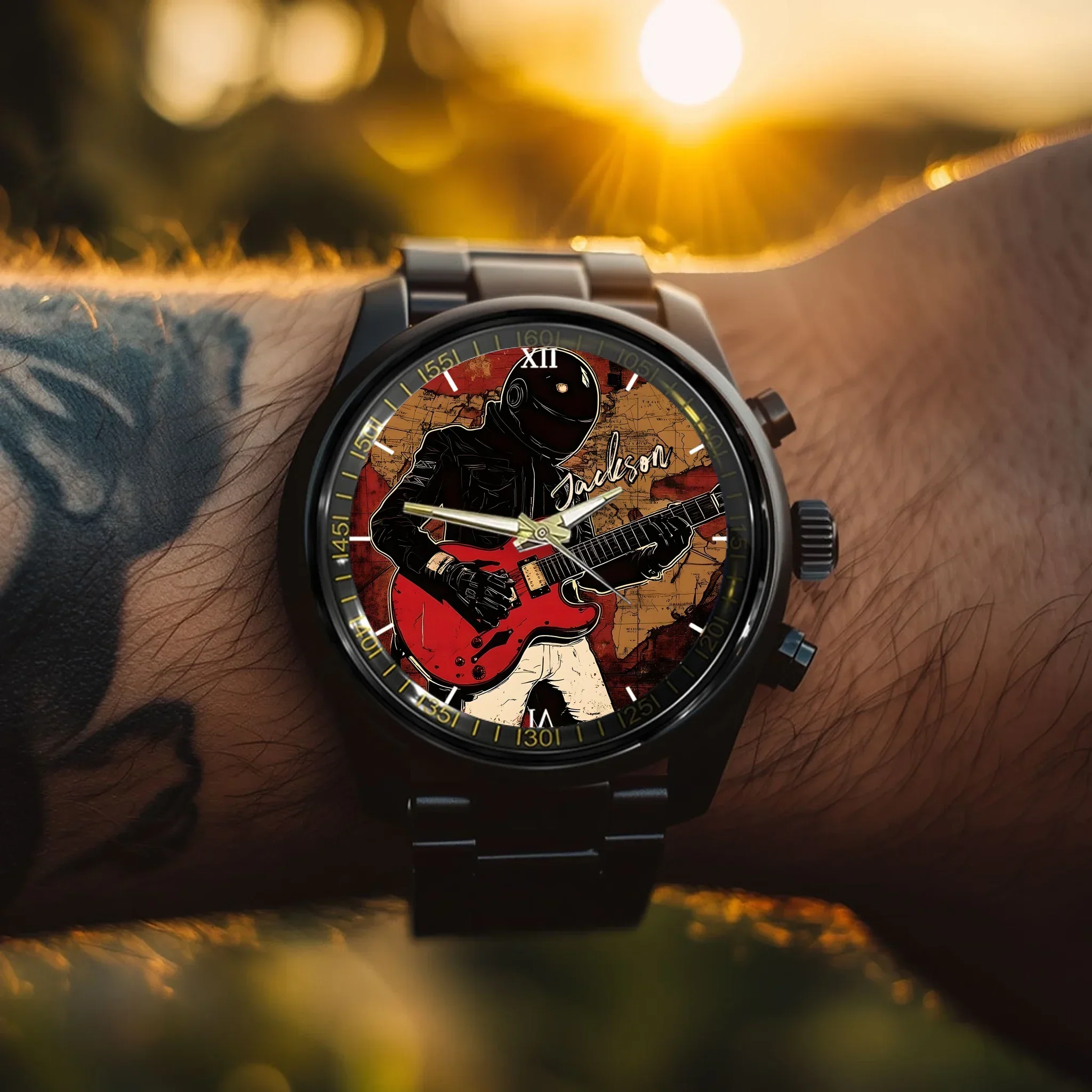 Retro World Map and Guitarist - Personalized Name Watch - Joliny