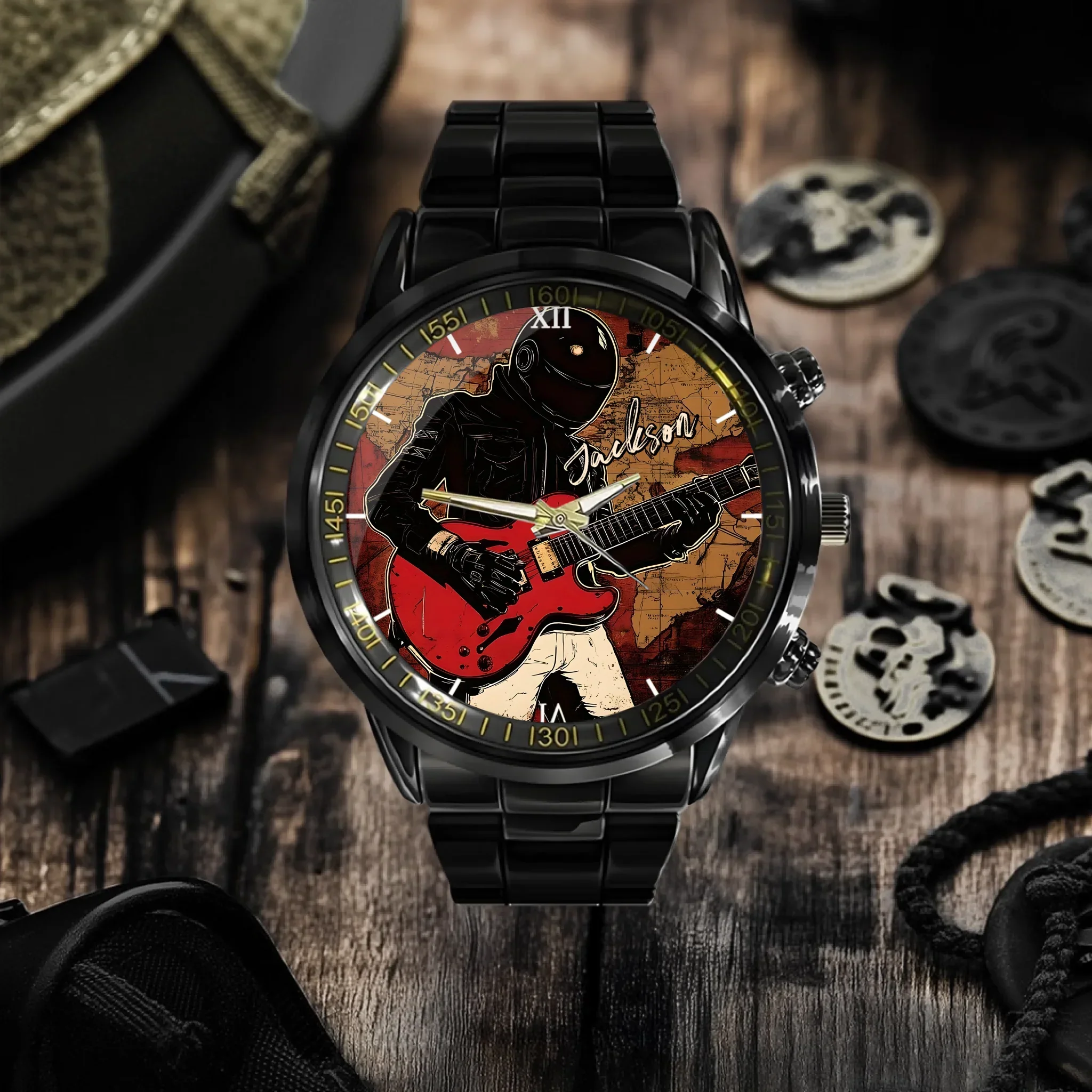 Retro World Map and Guitarist - Personalized Name Watch - Joliny