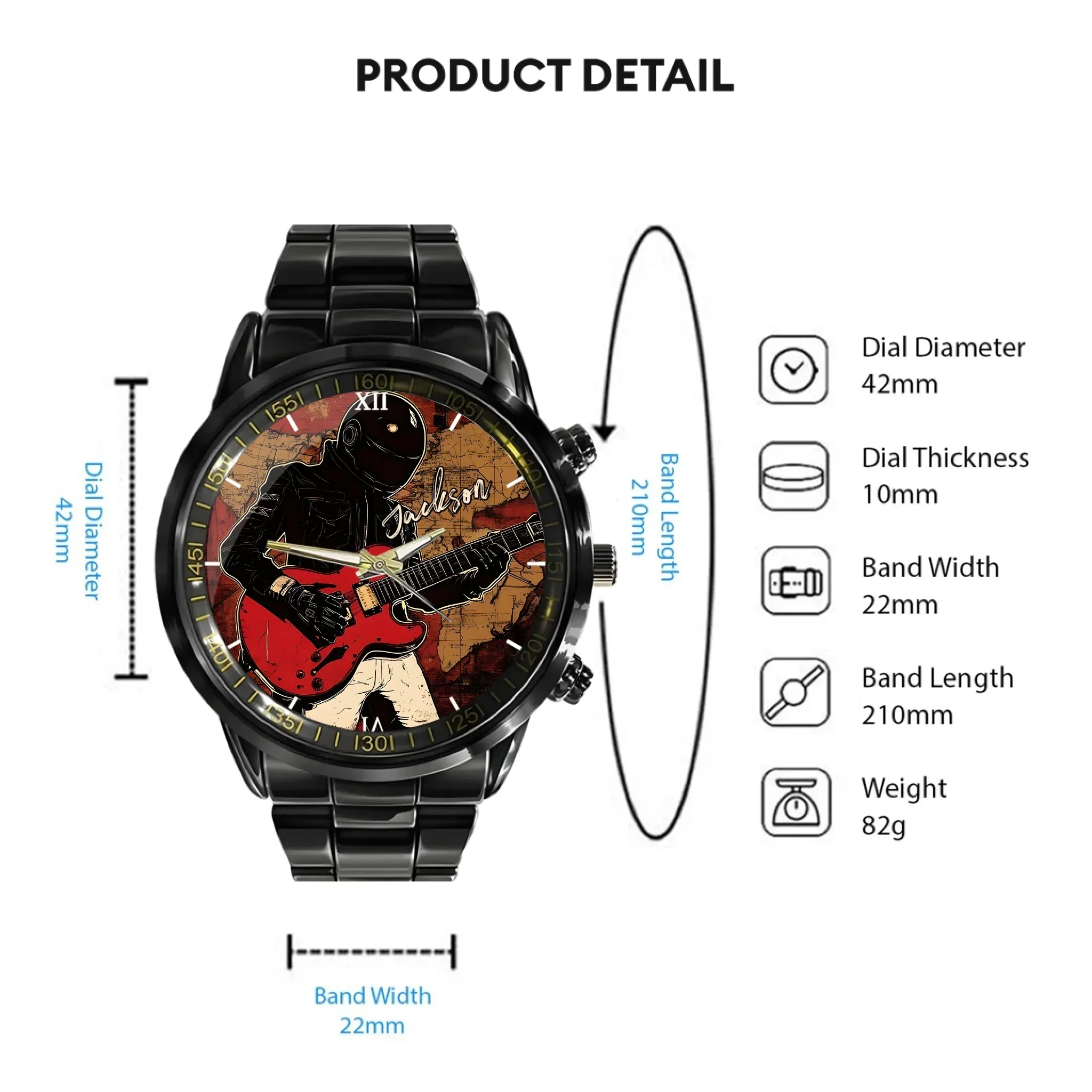 Retro World Map and Guitarist - Personalized Name Watch - Joliny