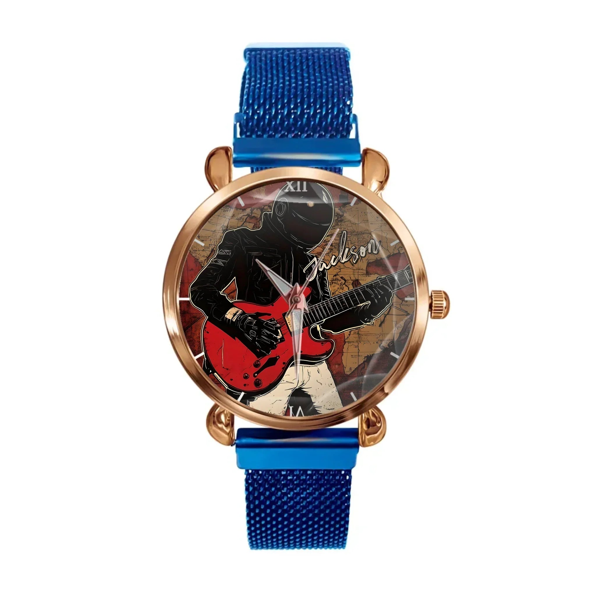 Retro World Map and Guitarist - Personalized Name Watch - Joliny