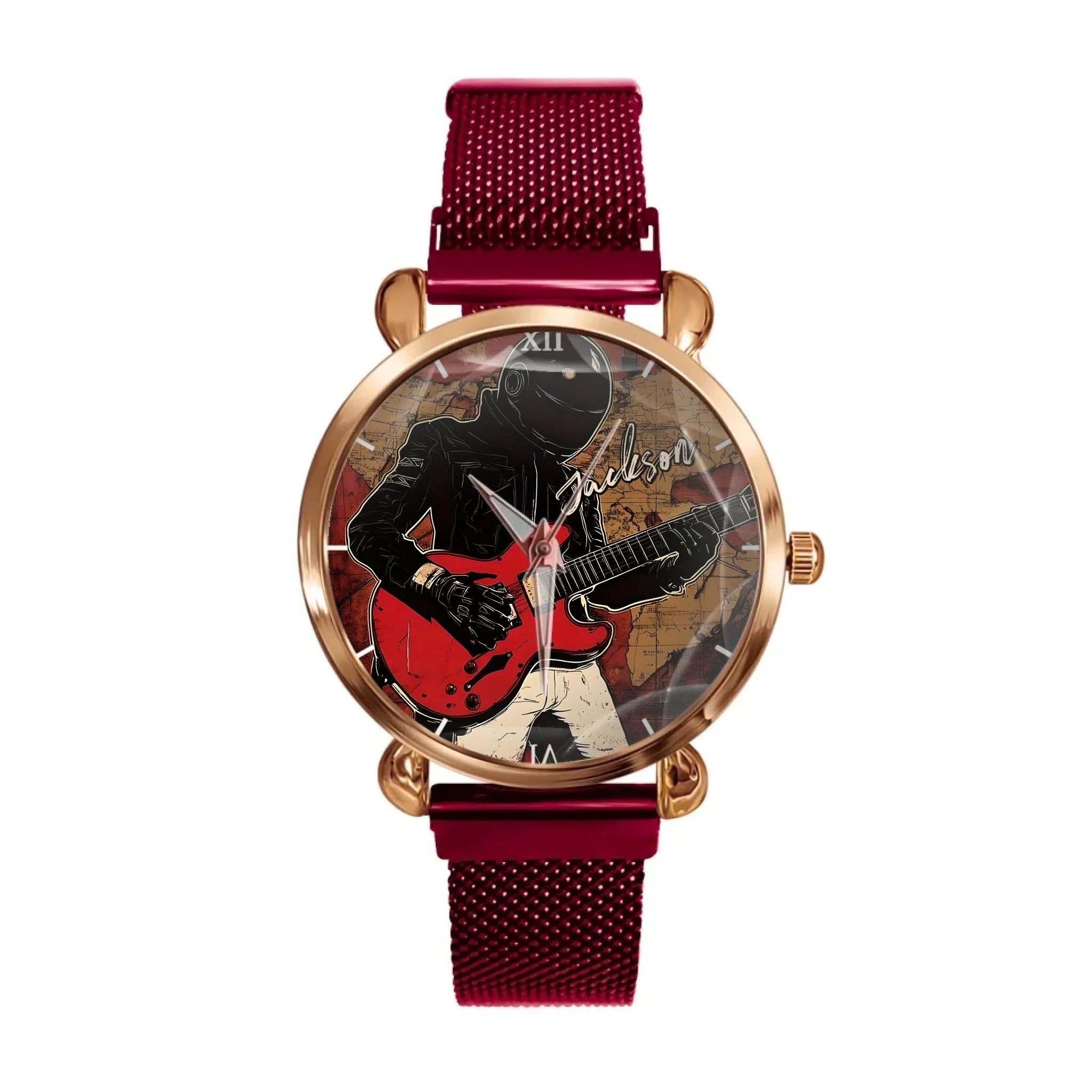Retro World Map and Guitarist - Personalized Name Watch - Joliny