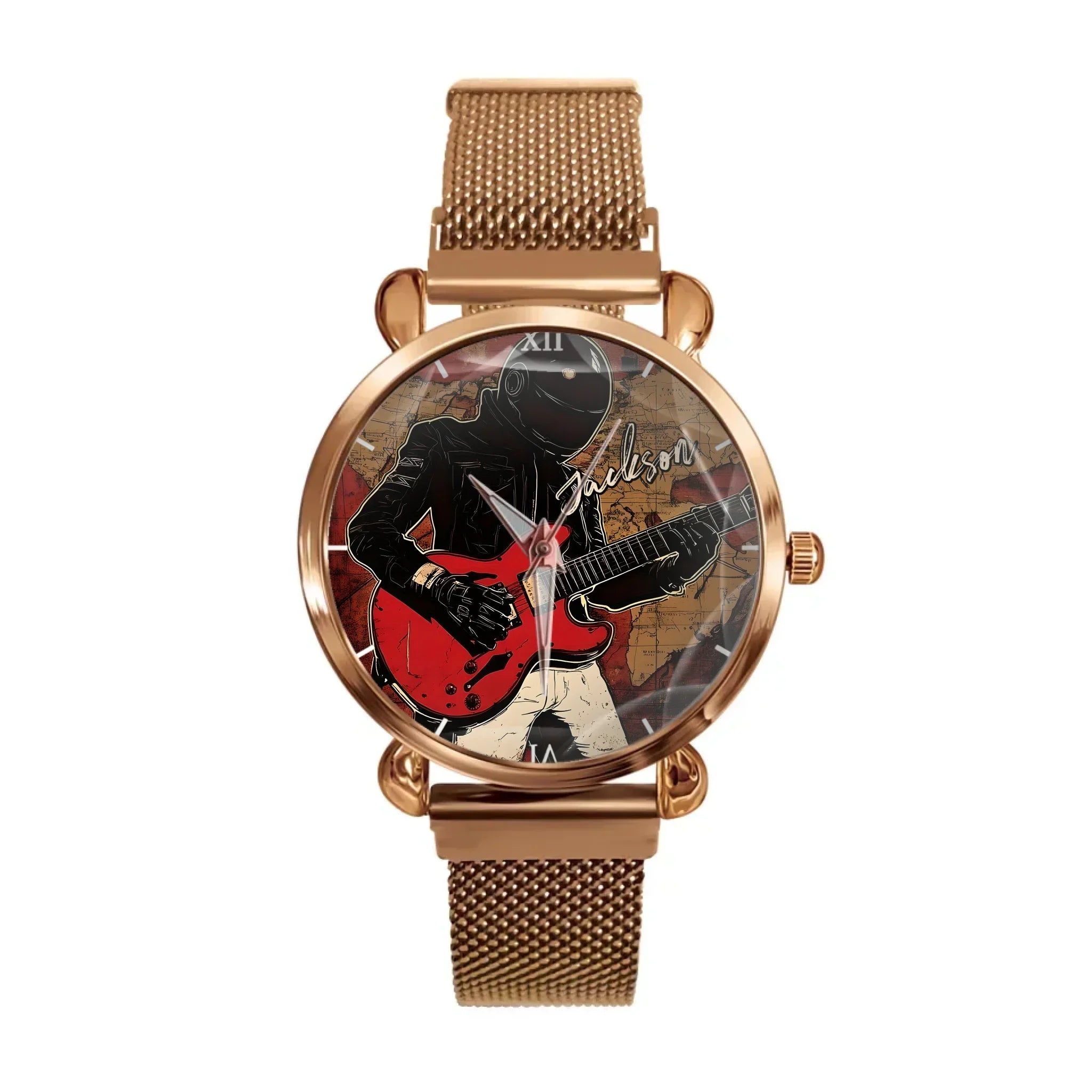 Retro World Map and Guitarist - Personalized Name Watch - Joliny