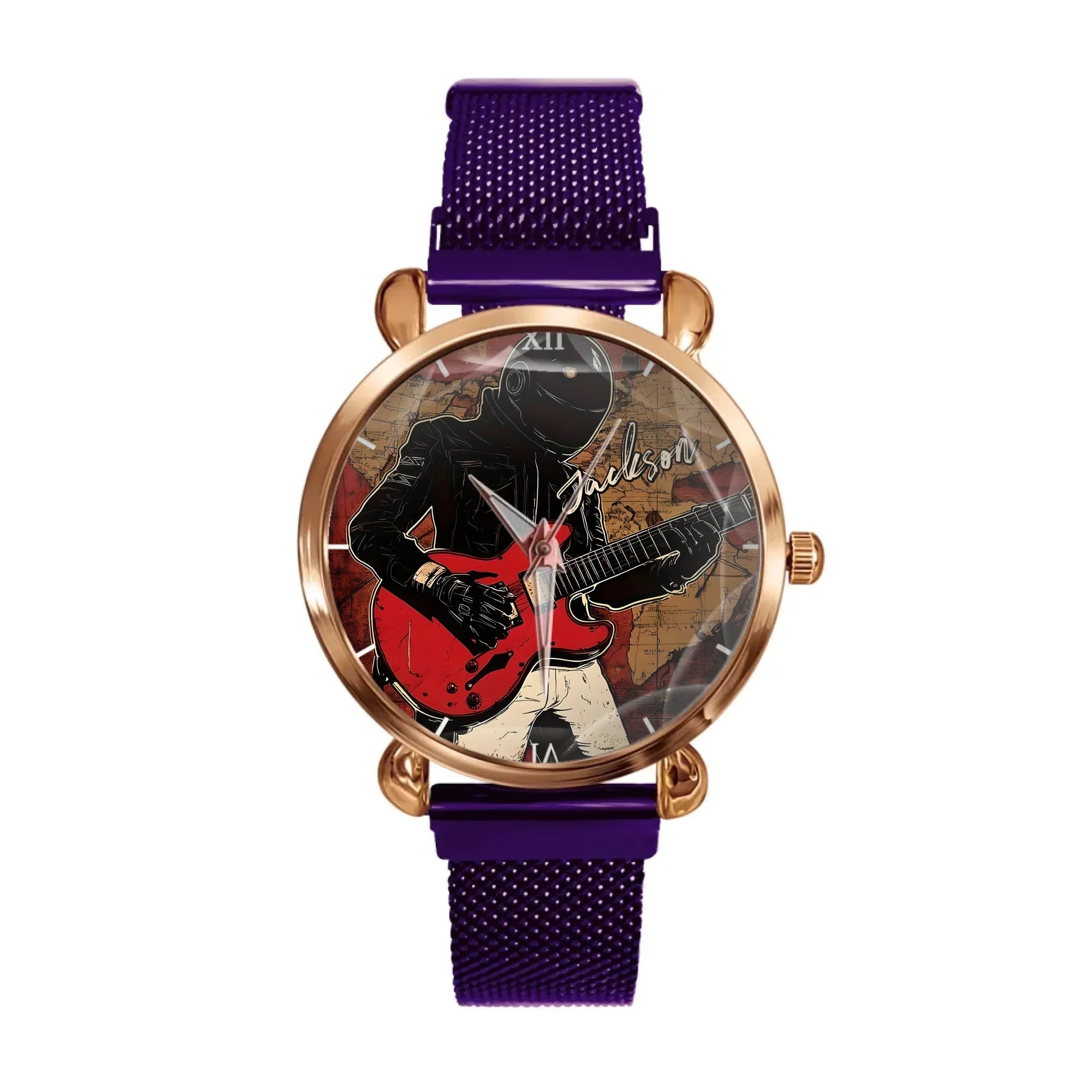 Retro World Map and Guitarist - Personalized Name Watch - Joliny