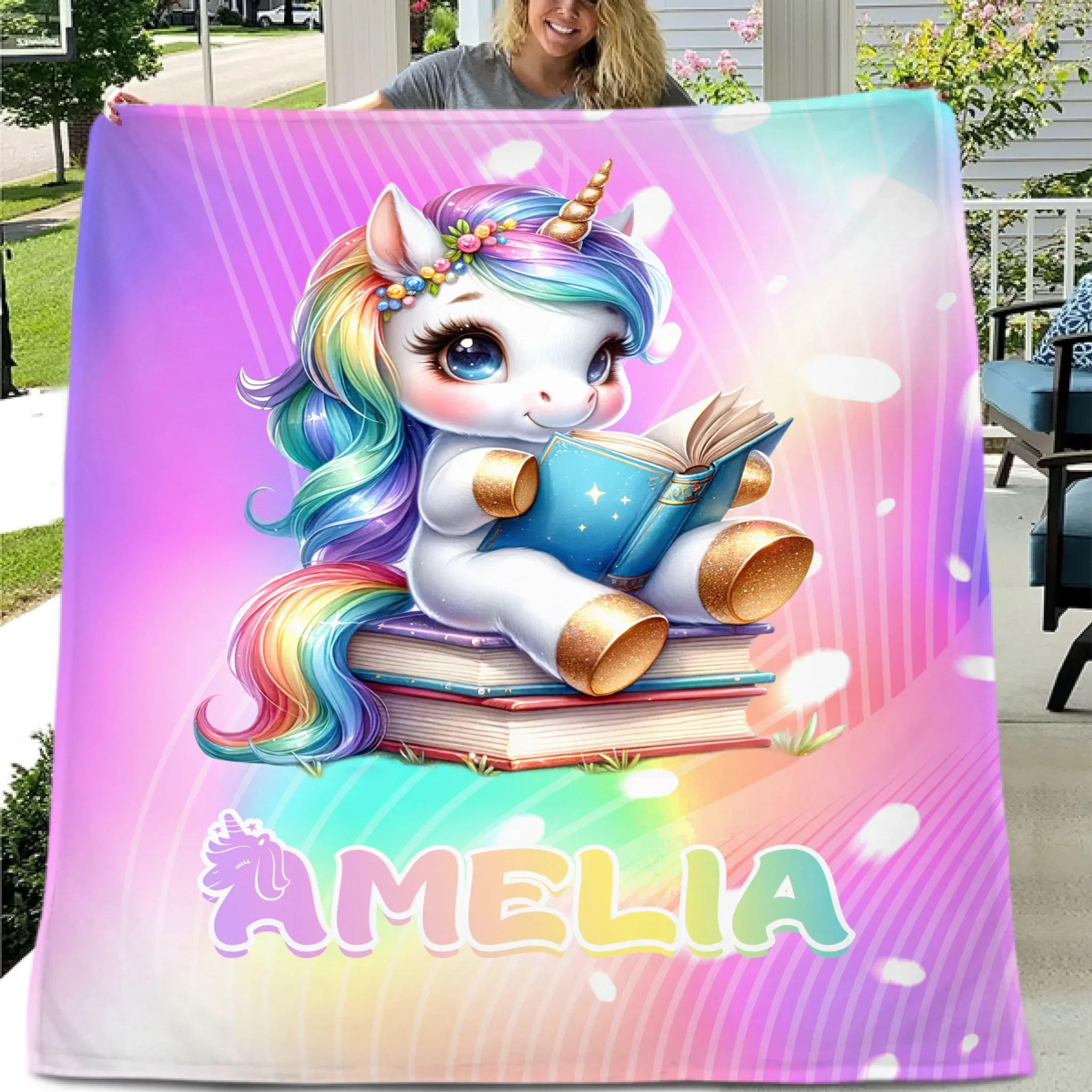 Unicorn Reading Book Custom Blanket - Gift for Kid - Joliny