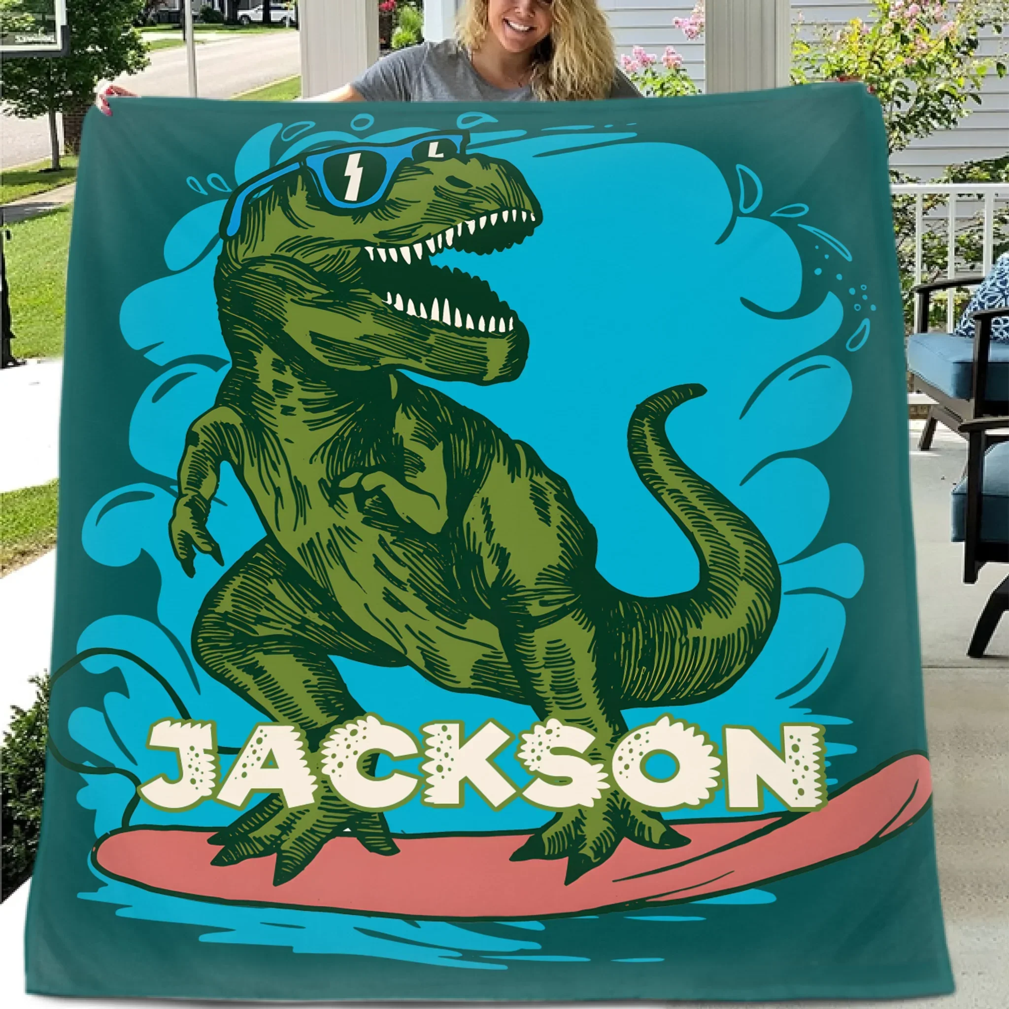 Surfing Dinosaur Cartoon Pattern Custom Blanket - Gift for Kid - Joliny