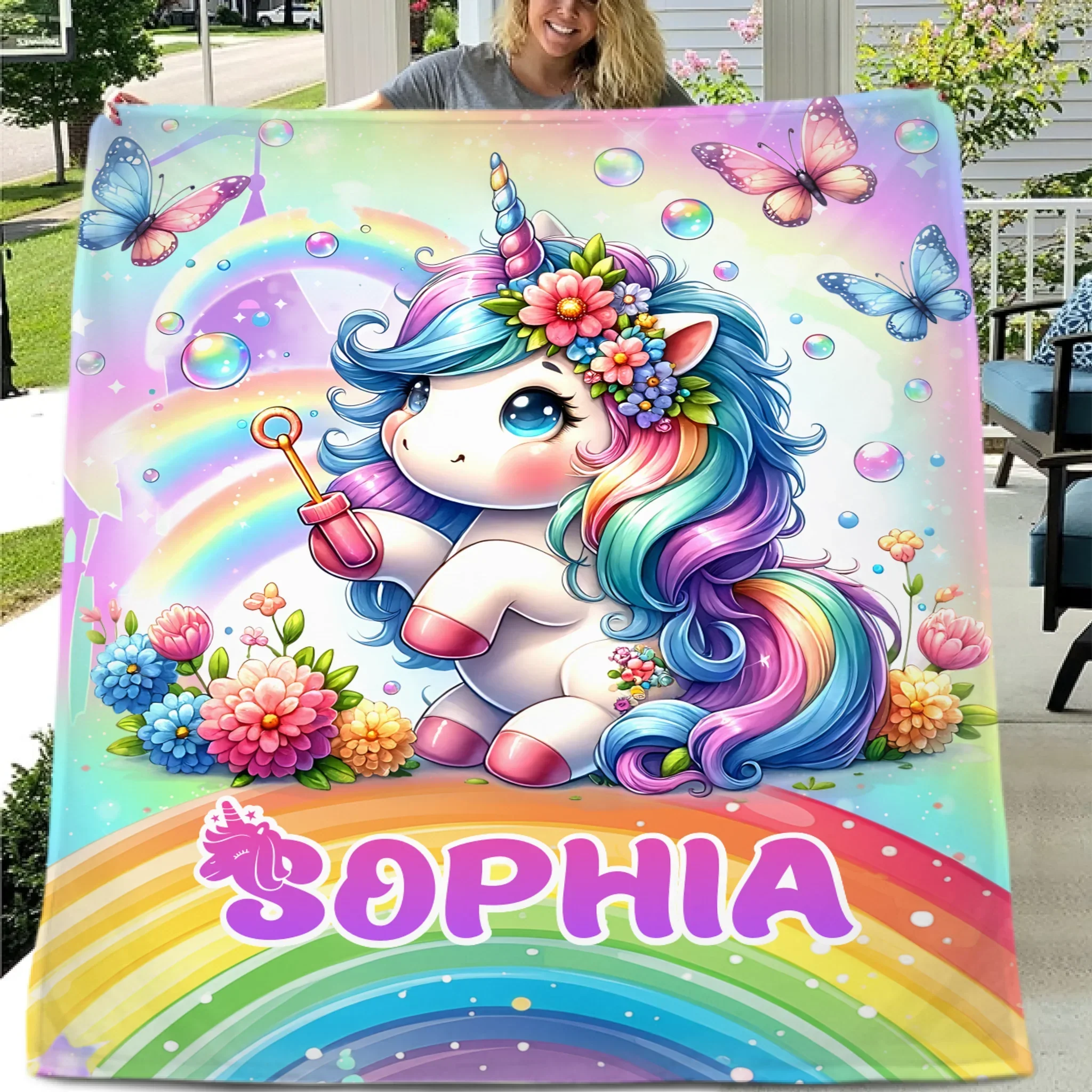 Rainbow Unicorn Blanket - Personalized Blanket Gift - Joliny