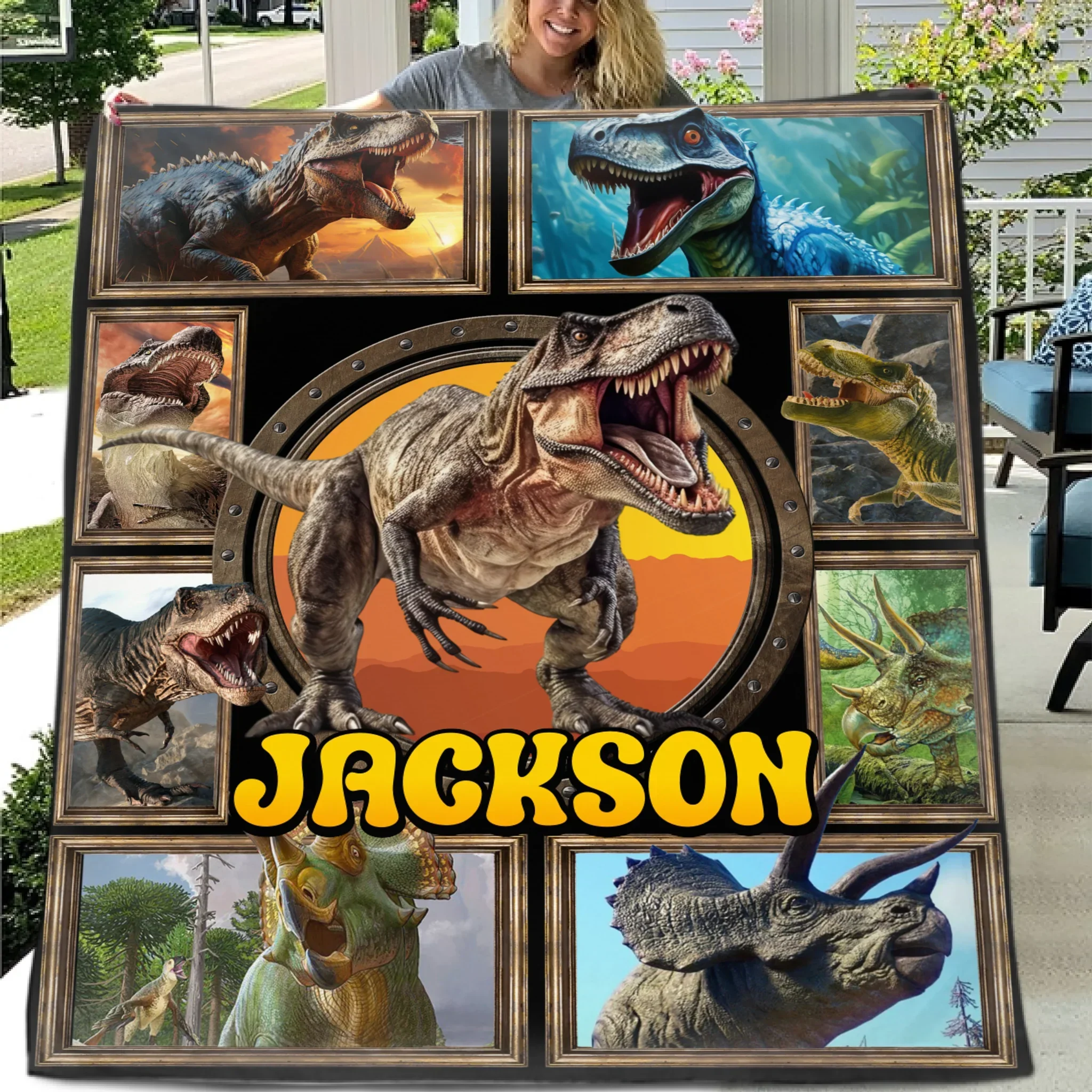Jurassic Dinosaur Custom Blanket - Personalized Name - Gift for Dinosaur Enthusiasts - Joliny