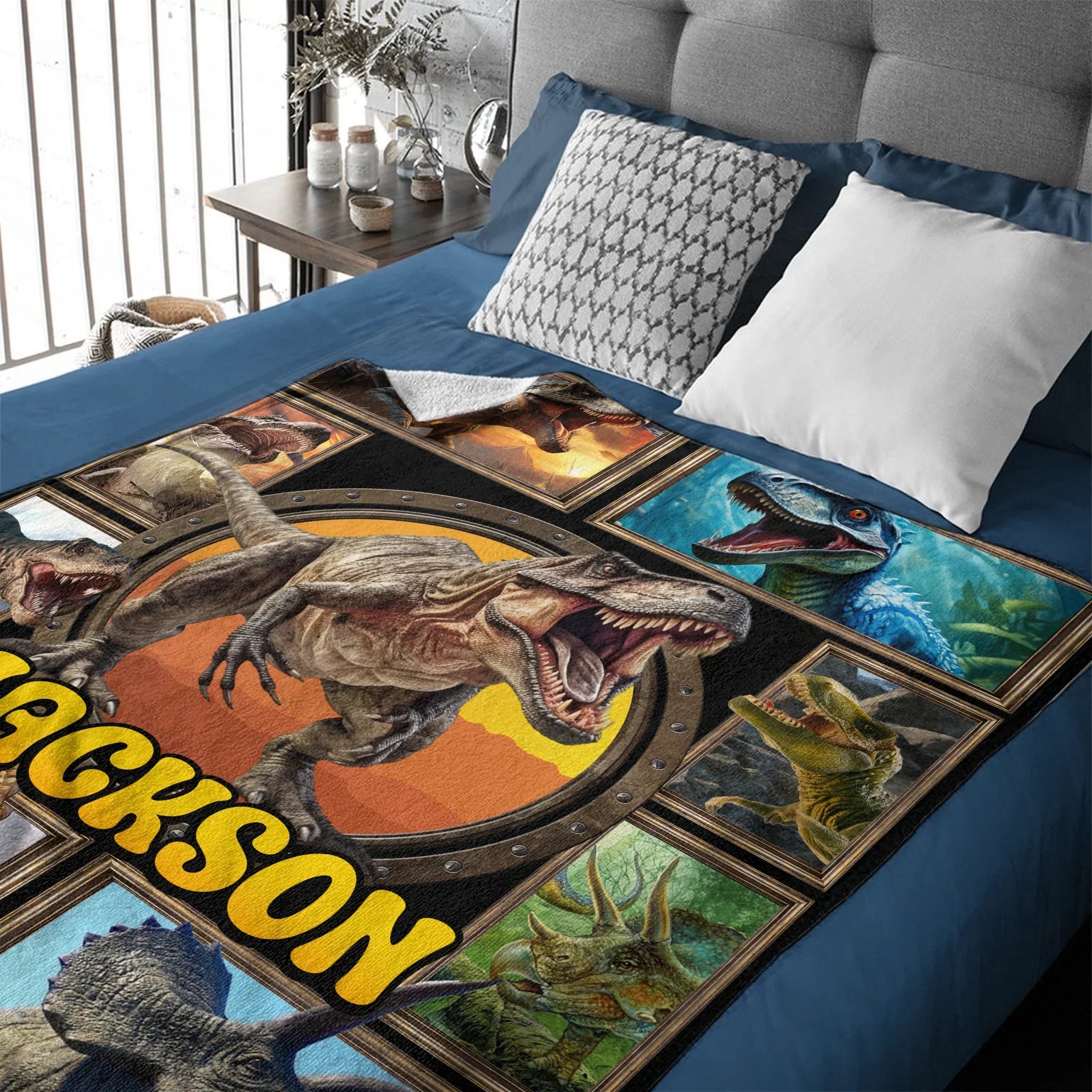 Jurassic Dinosaur Custom Blanket - Personalized Name - Gift for Dinosaur Enthusiasts - Joliny