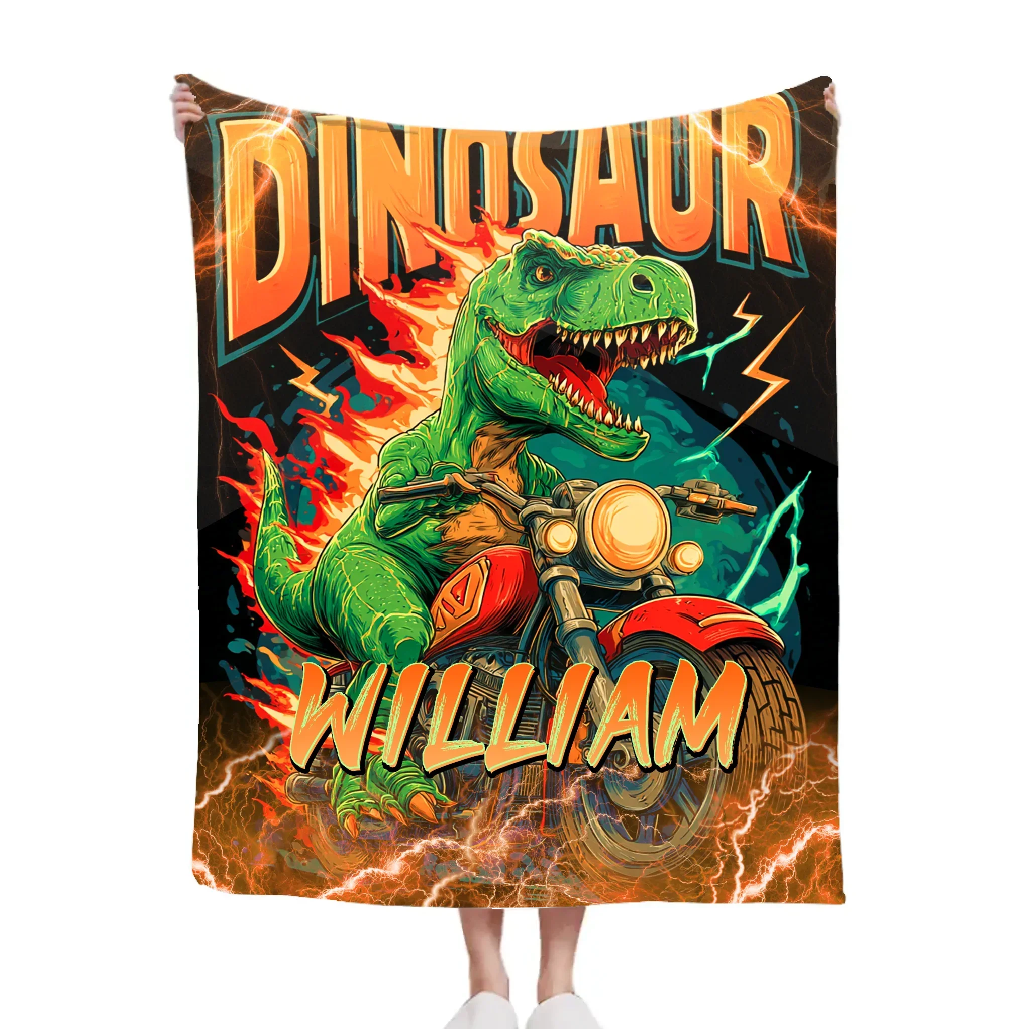 Lightning Dinosaur Riding Motorcycle Custom Blanket - Personalized Name - Gift For Dinosaur Lovers - Joliny
