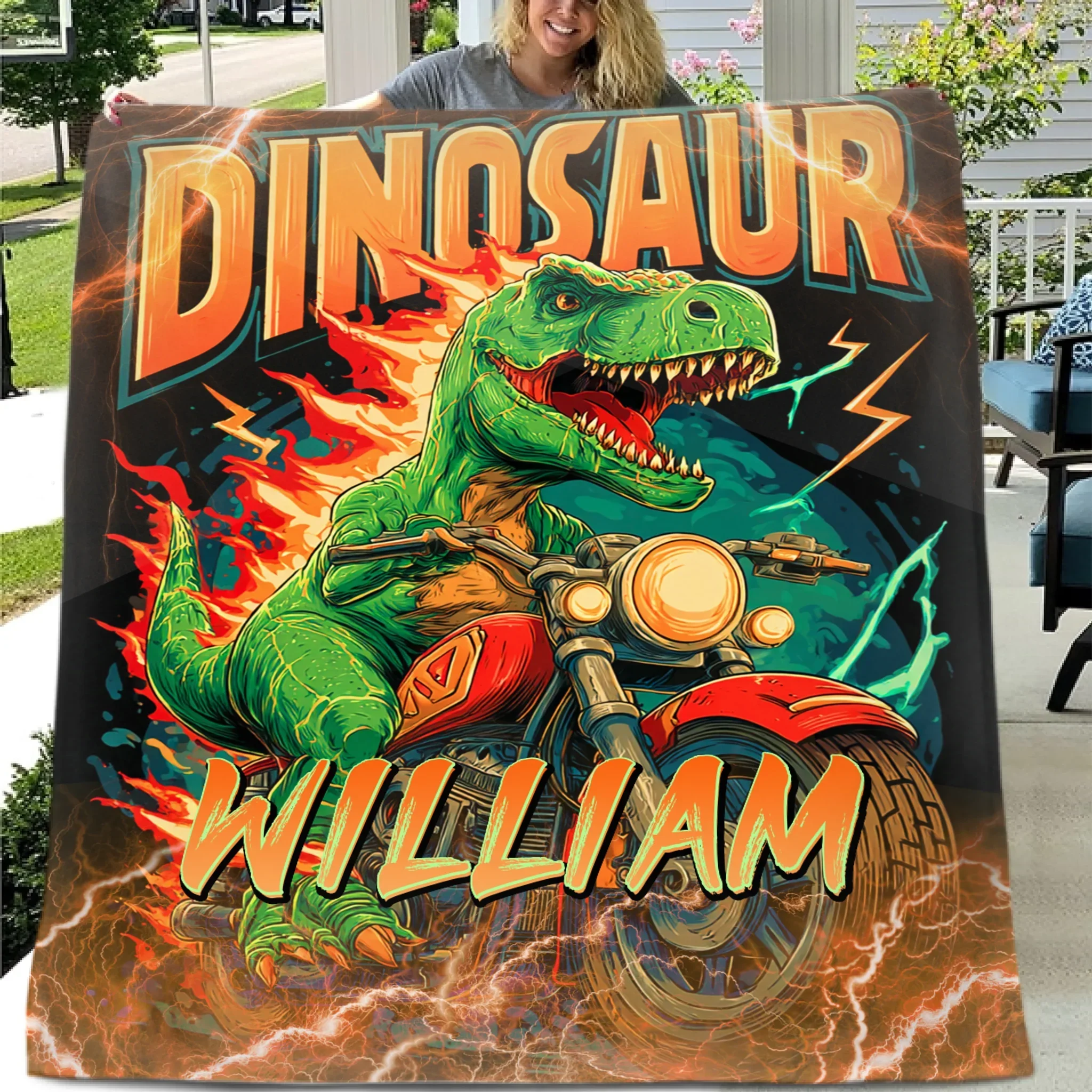 Lightning Dinosaur Riding Motorcycle Custom Blanket - Personalized Name - Gift For Dinosaur Lovers - Joliny