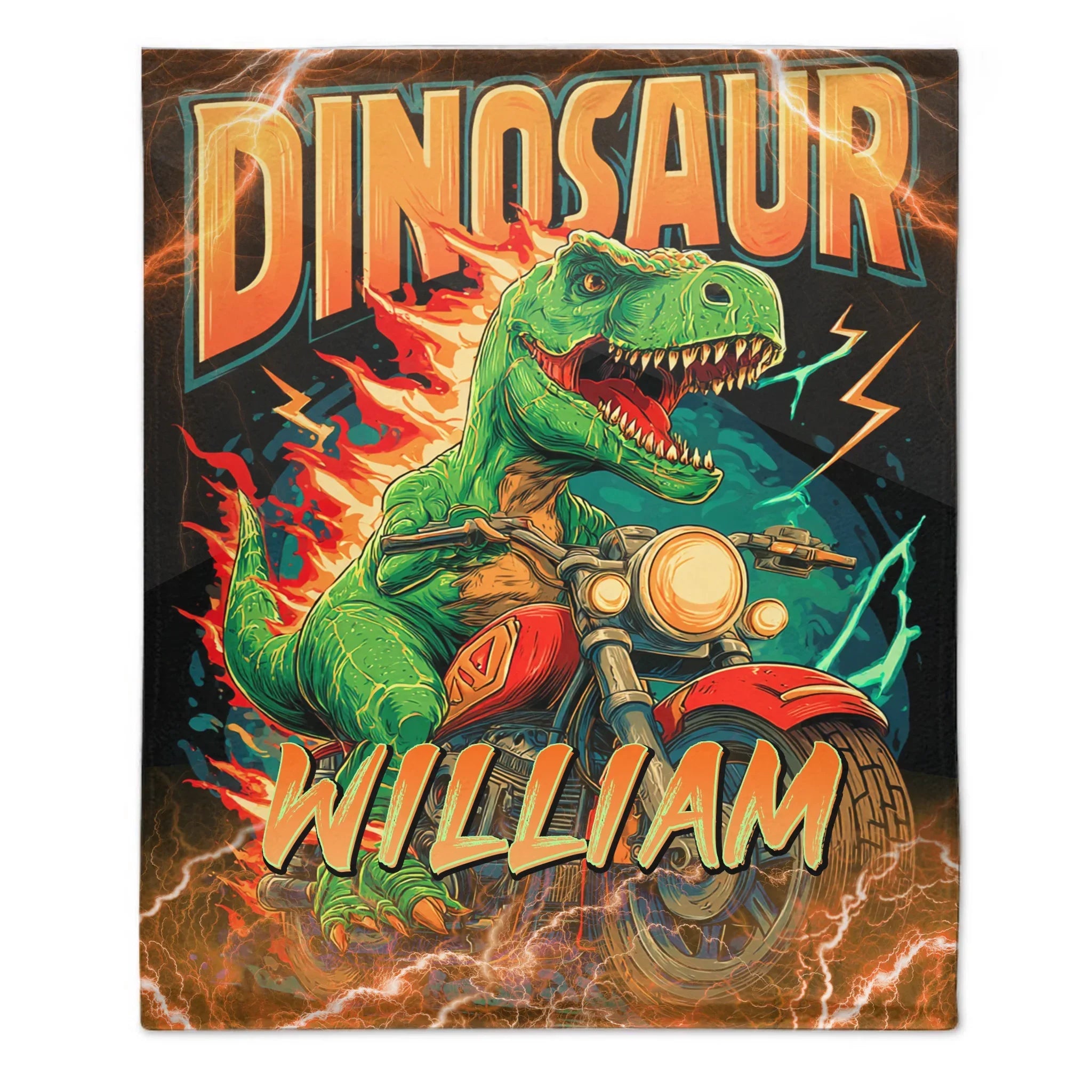 Lightning Dinosaur Riding Motorcycle Custom Blanket - Personalized Name - Gift For Dinosaur Lovers - Joliny