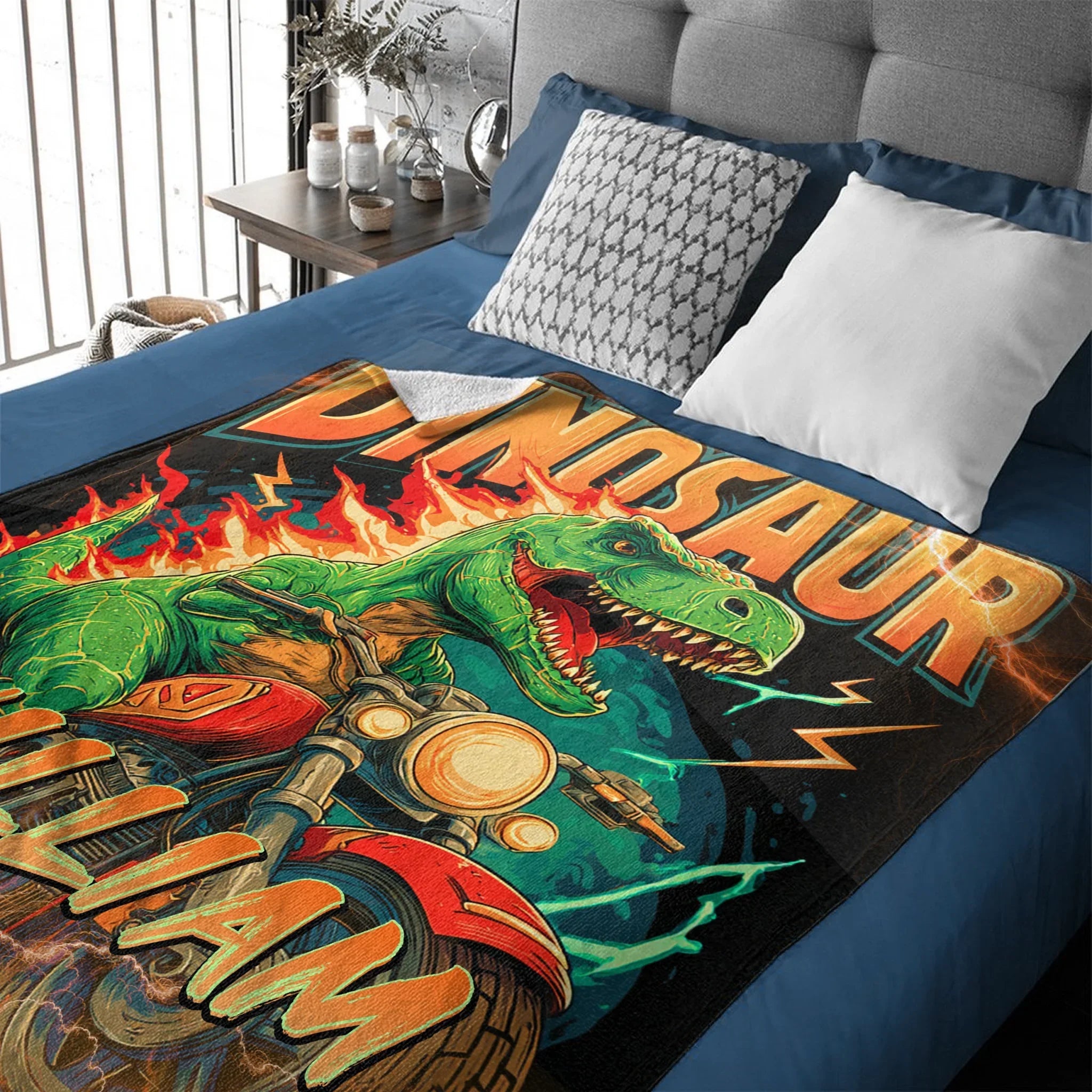Lightning Dinosaur Riding Motorcycle Custom Blanket - Personalized Name - Gift For Dinosaur Lovers - Joliny